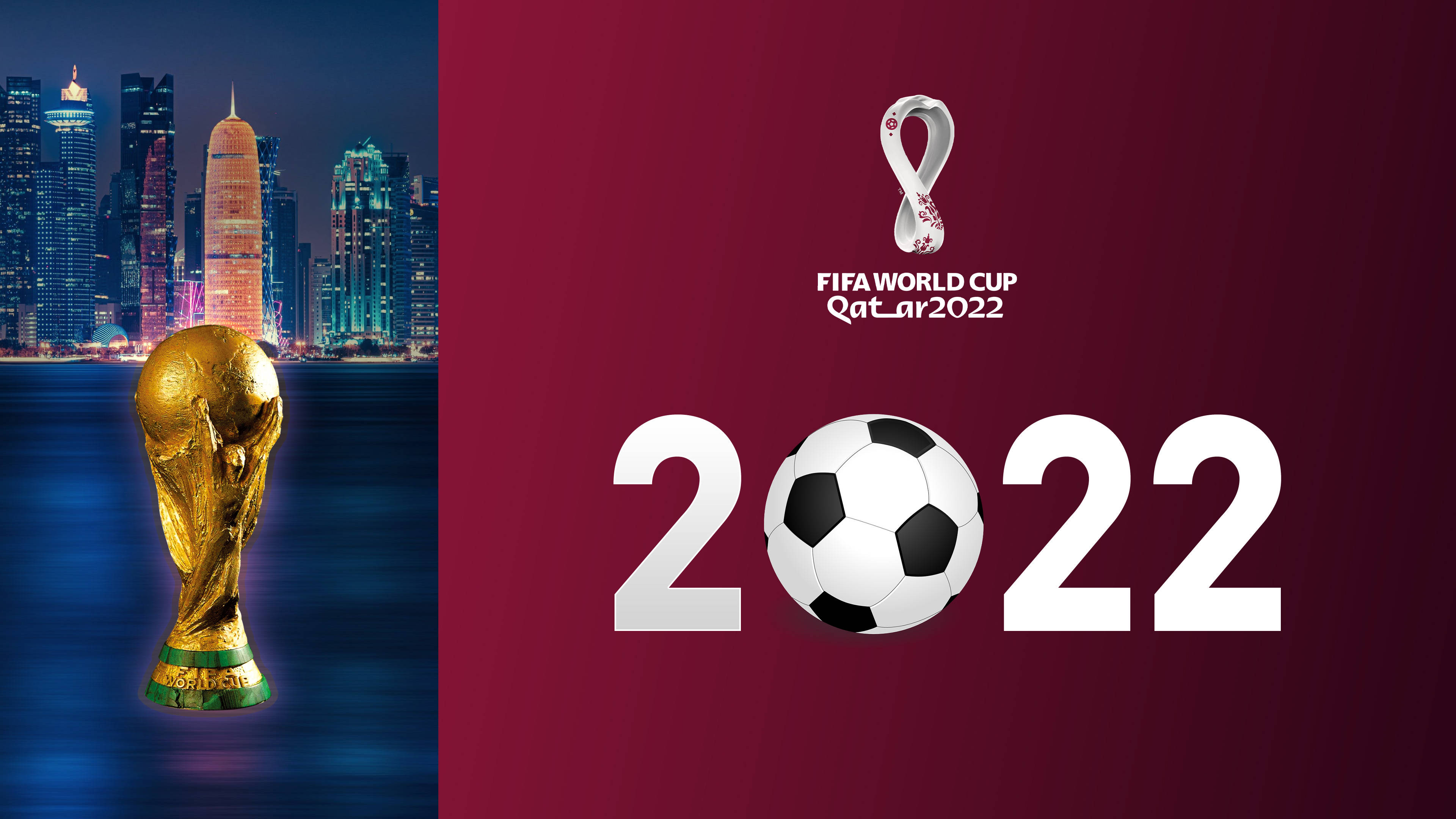 World 桌布 壁紙 — 金色FIFA世界盃獎盃在閃爍的夜景城市景觀旁，與充滿活力的卡塔爾2022標誌一同閃耀。
