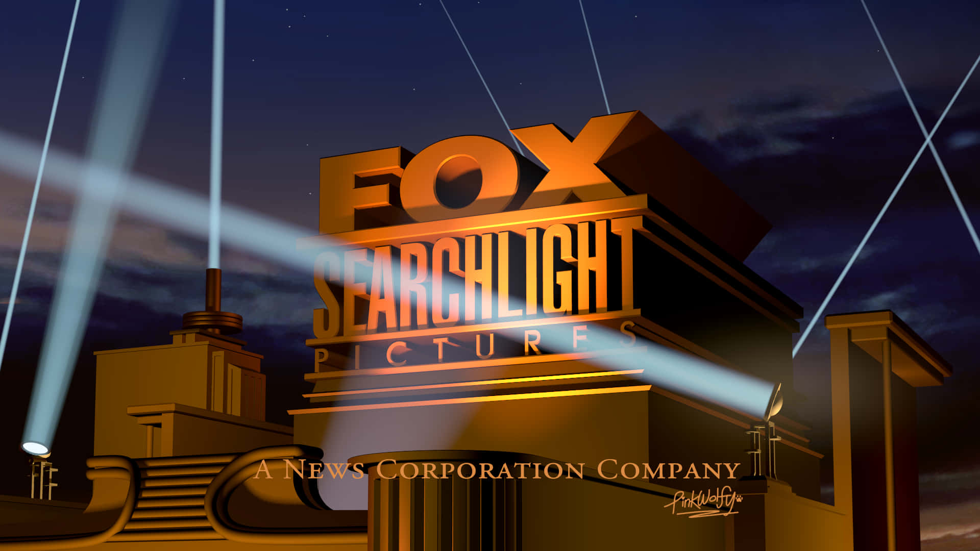 標誌 桌布 壁紙 — 金色Fox Searchlight Pictures標誌在繁星點點的夜空下被探照燈照亮。