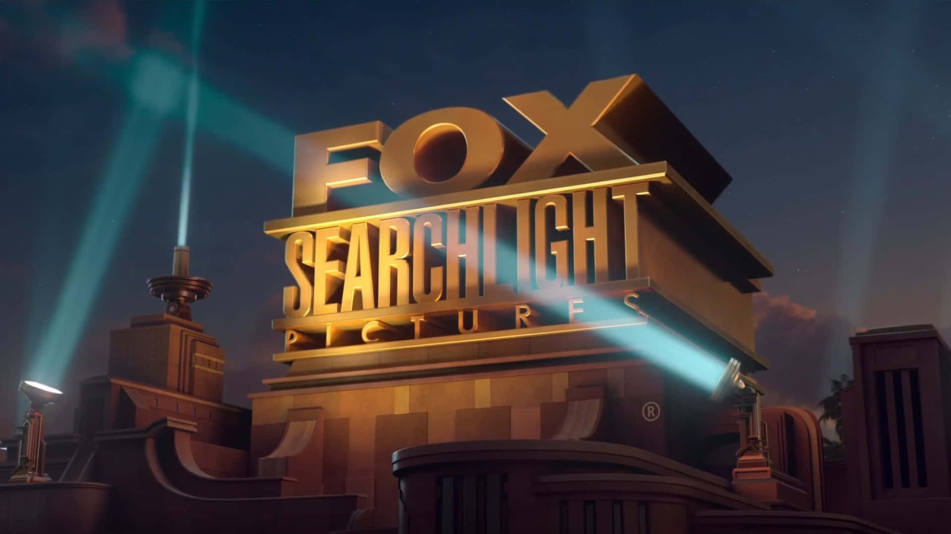 Searchlight 桌布 壁紙 — 金色Fox Searchlight Pictures標誌在黑暗夜空與星星背景下被光束照亮。