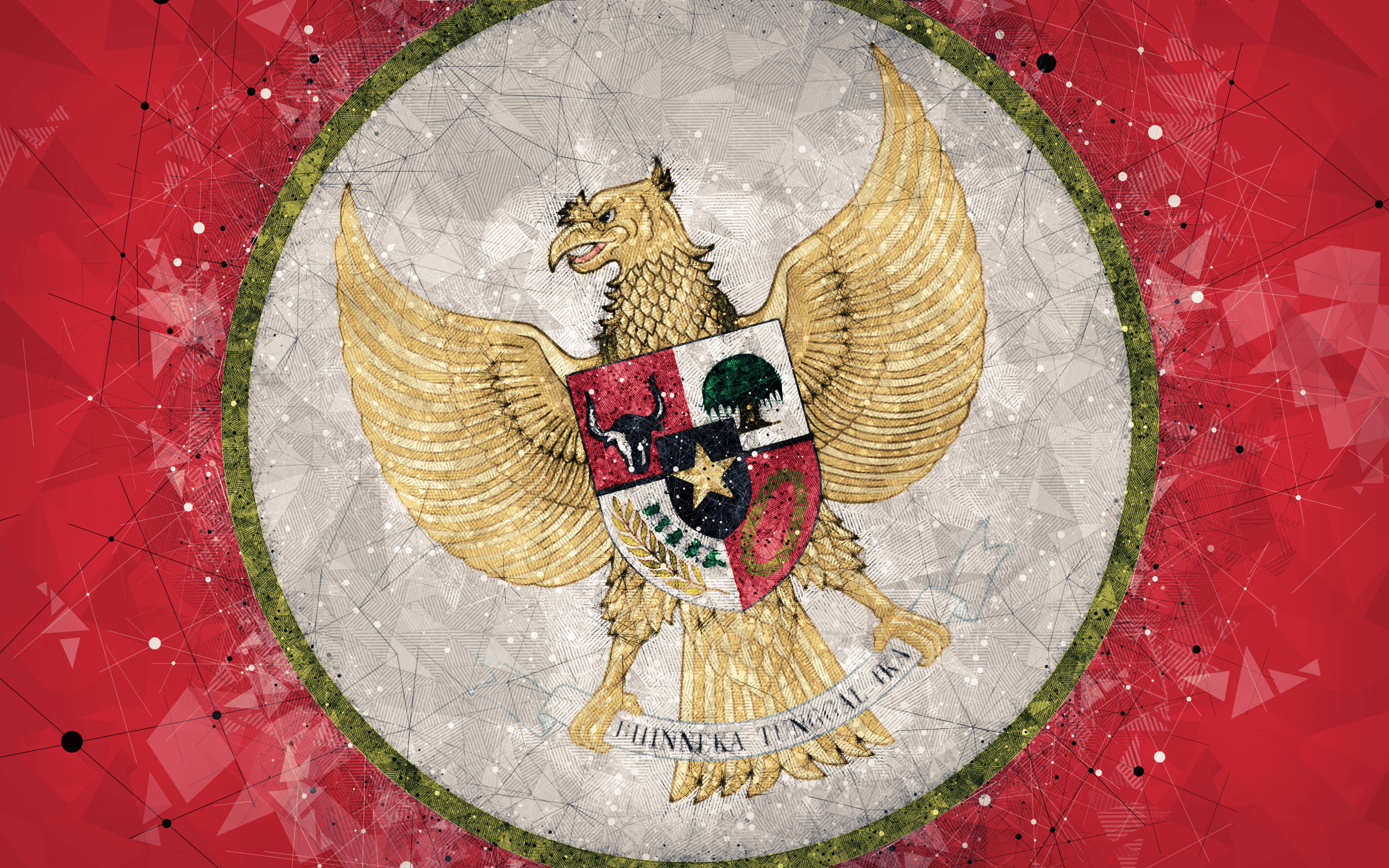 印尼 桌布 壁紙 — 金色Garuda Pancasila標誌置中在紅色幾何背景上，帶有白色點和線。
