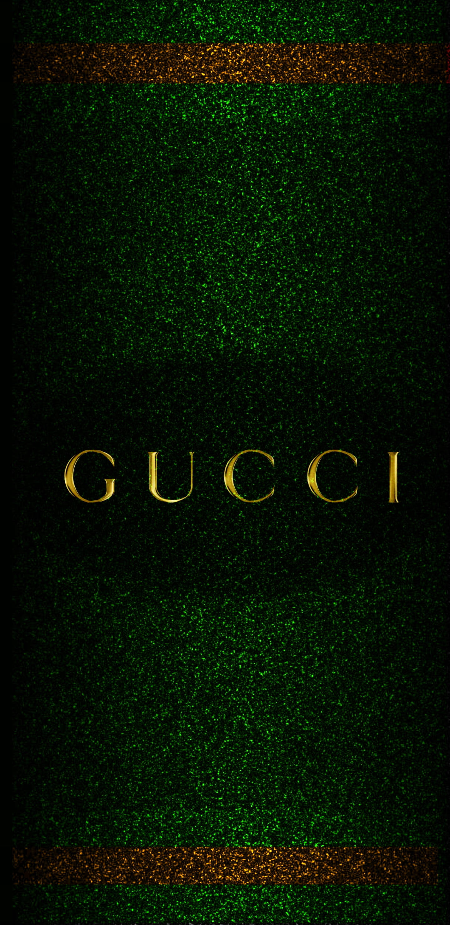 Gucci iPhone 桌布 壁紙 — 金色Gucci標誌置中於閃爍綠色亮粉背景，頂部和底部有金色亮粉條紋。