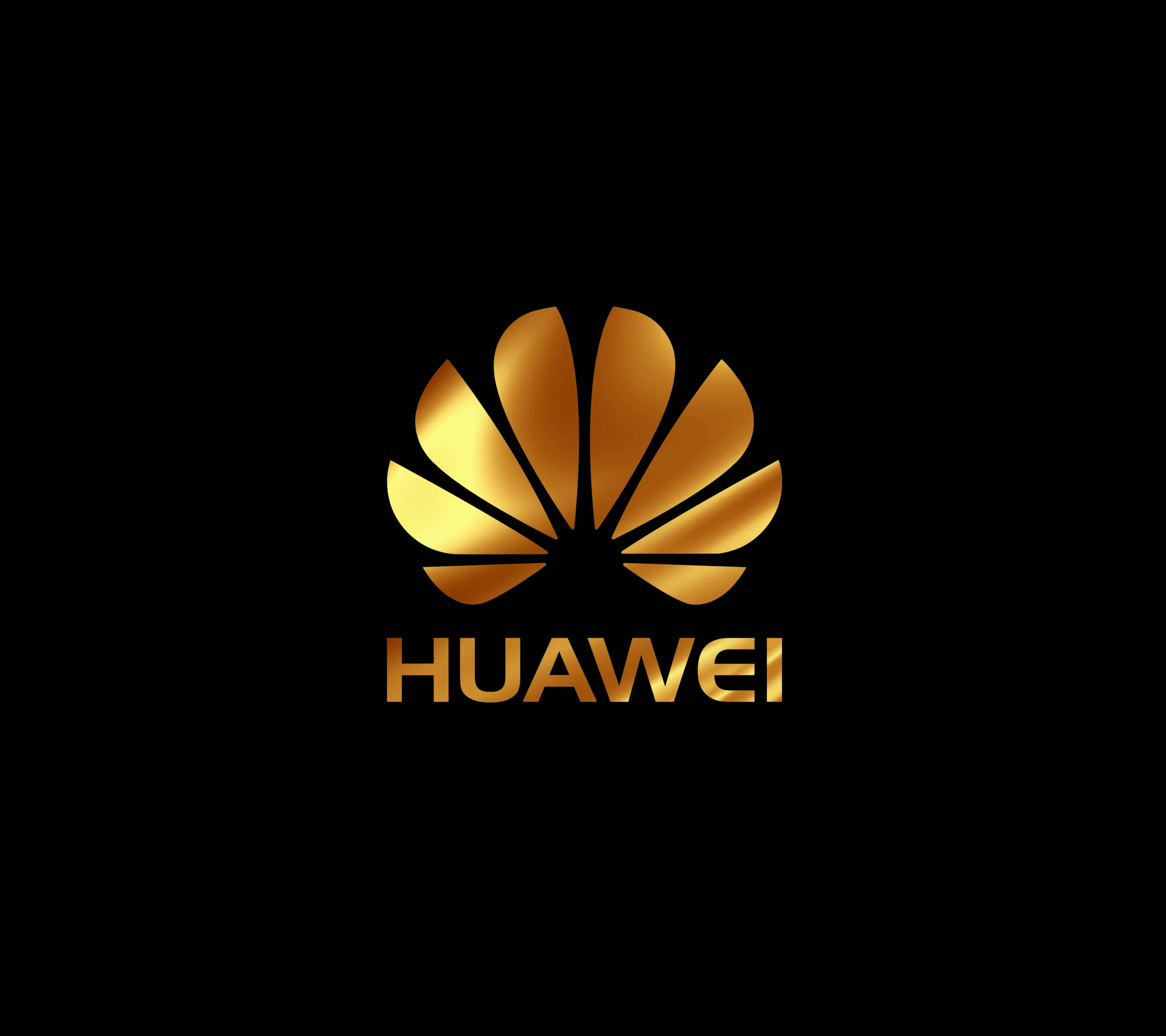 華為 桌布 壁紙 — 金色Huawei標誌，八瓣花瓣設計，品牌名稱居中，置於純黑背景上。
