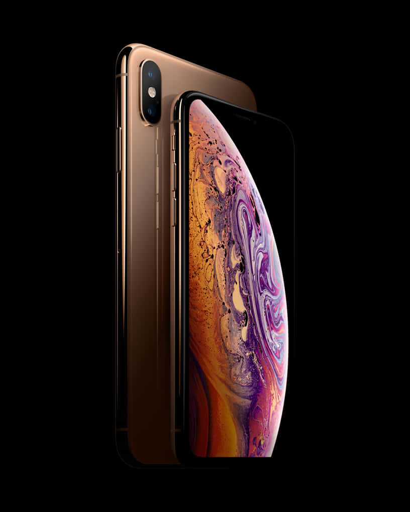 iPhone 桌布 壁紙 — 金色iPhone XS傾斜在黑色背景上，展示其充滿活力的旋轉螢幕桌布。
