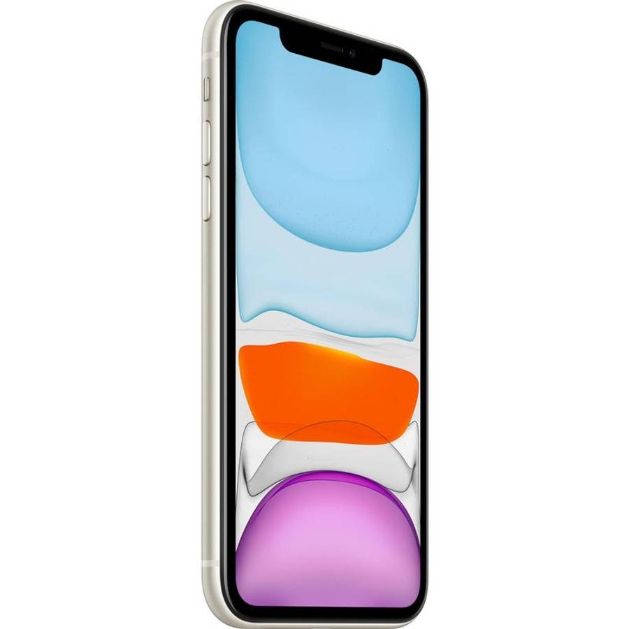 Apple iPhone 預設 桌布 壁紙 — 金色iPhone在白色背景上顯示一幅充滿活力的抽象桌布，帶有流動的藍色、橙色和紫色形狀。