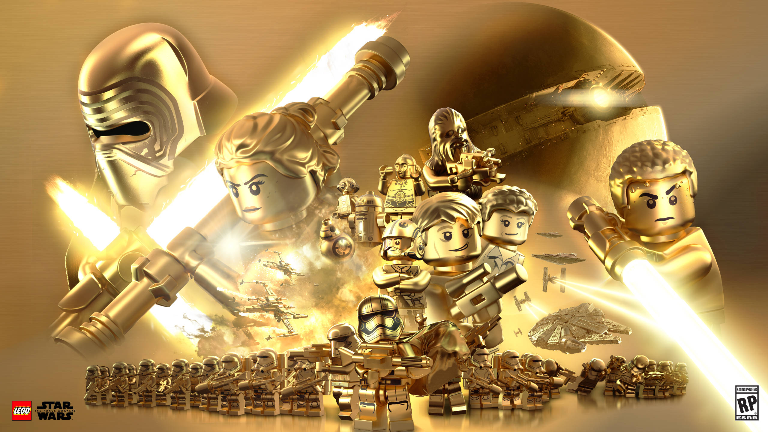 星際大戰 桌布 壁紙 — 金色LEGO星際大戰角色在溫暖發光的背景下，用光劍進行戲劇性的戰鬥場景。