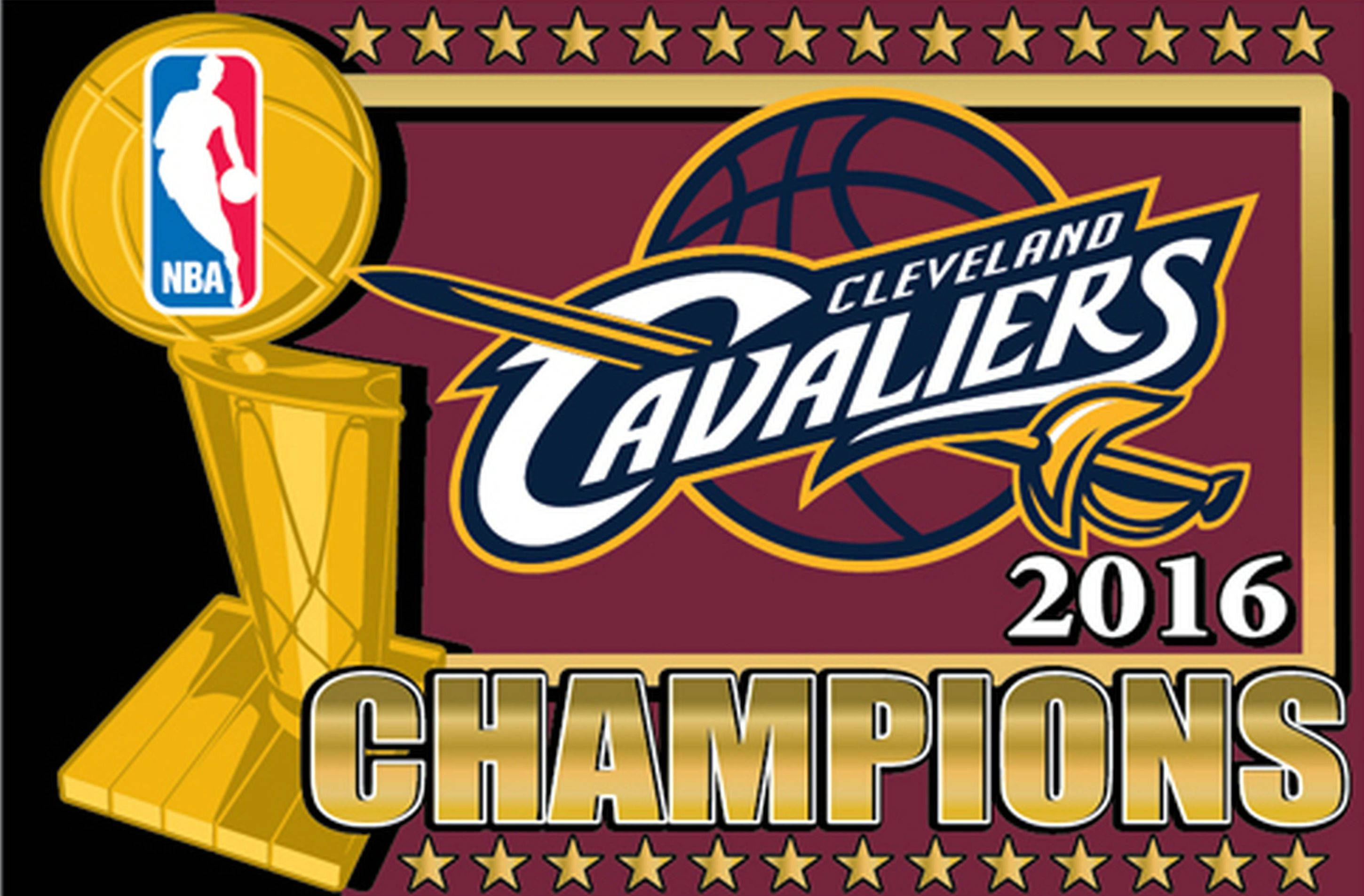 cavaliers 桌布 壁紙 — 金色NBA冠軍獎盃在克里夫蘭騎士隊2016標誌旁閃耀，搭配大膽的栗色和金色點綴。