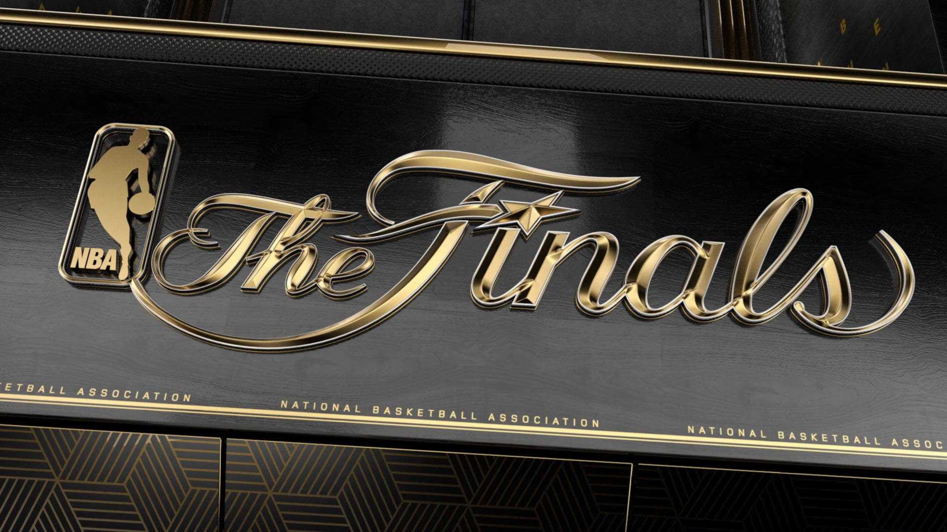 finals 桌布 壁紙 — 金色NBA總決賽標誌在光滑的黑色表面上閃耀，帶有重複的幾何圖案和下方的官方文字。