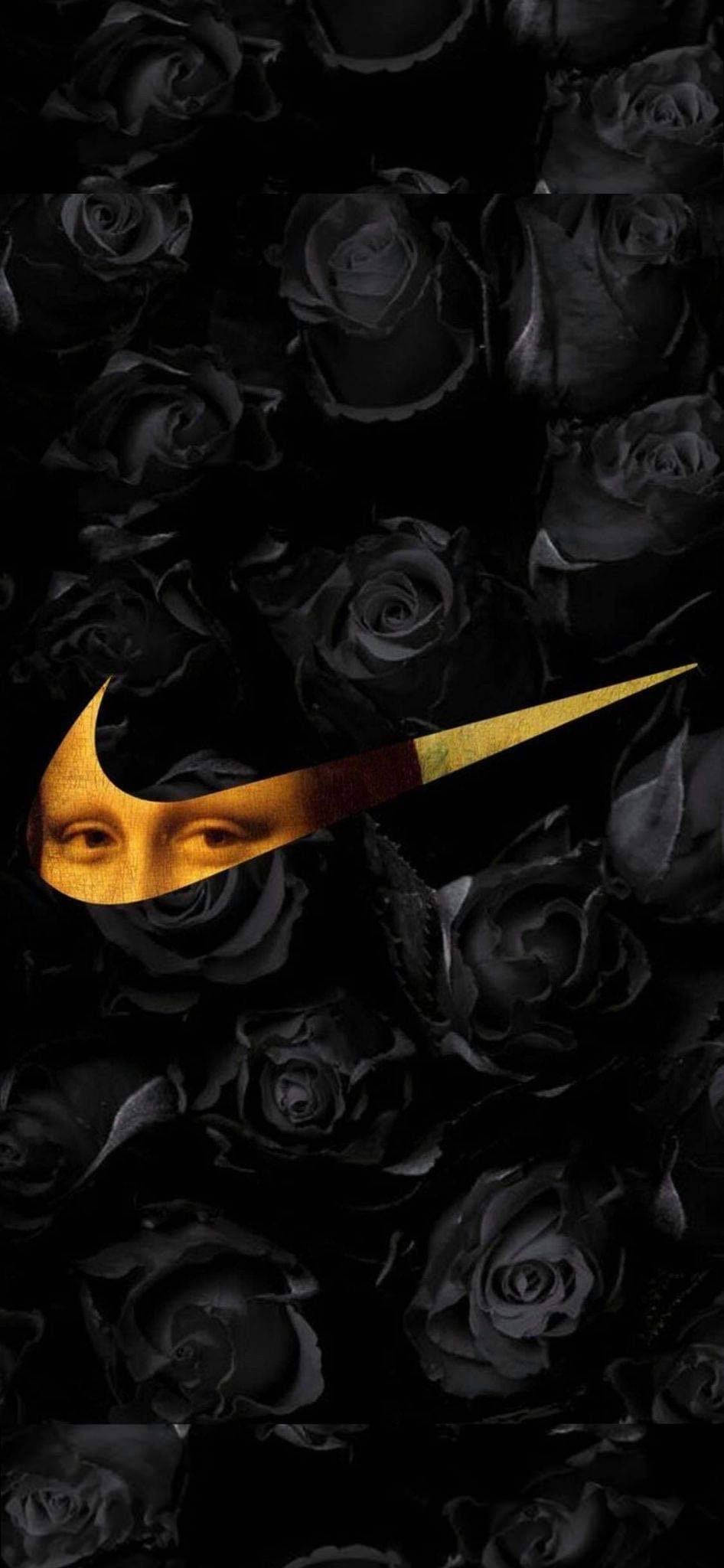 lisa 桌布 壁紙 — 金色Nike標誌覆蓋在蒙娜麗莎的臉上，背景是黑色玫瑰。