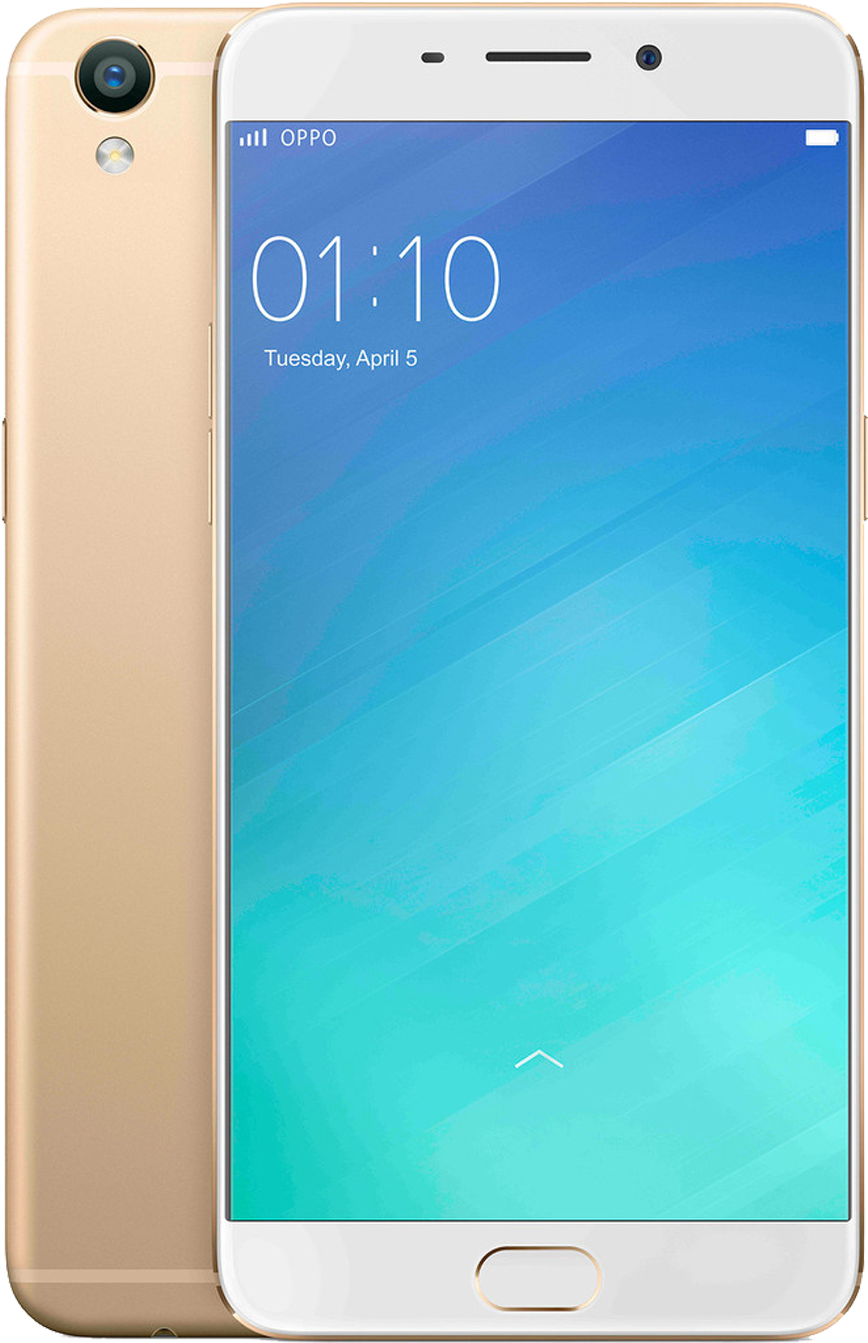 Oppo Mobile 桌布 壁紙 — 金色OPPO智慧型手機正面和背面展示，藍色漸變鎖屏顯示01:10。