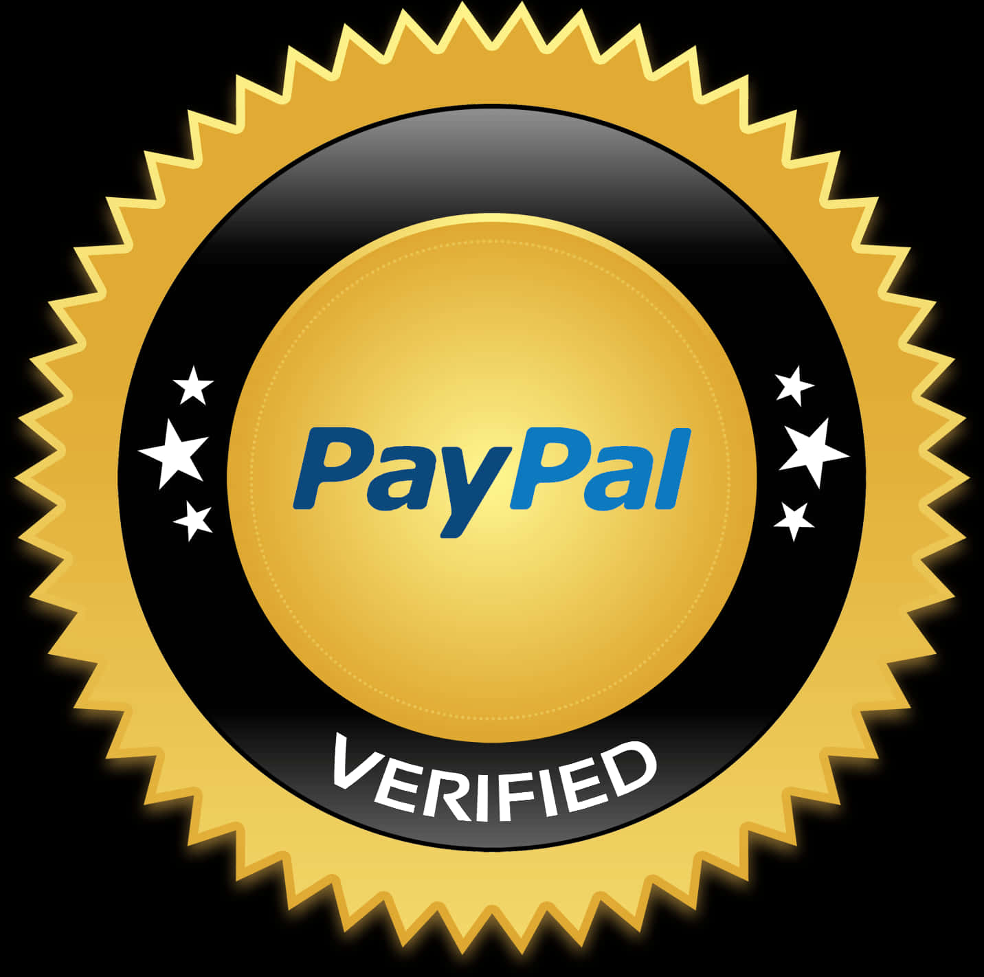 Paypal Logo 桌布 壁紙 — 金色PayPal驗證徽章，帶有鋸齒邊緣和白色星星，背景為黑色。