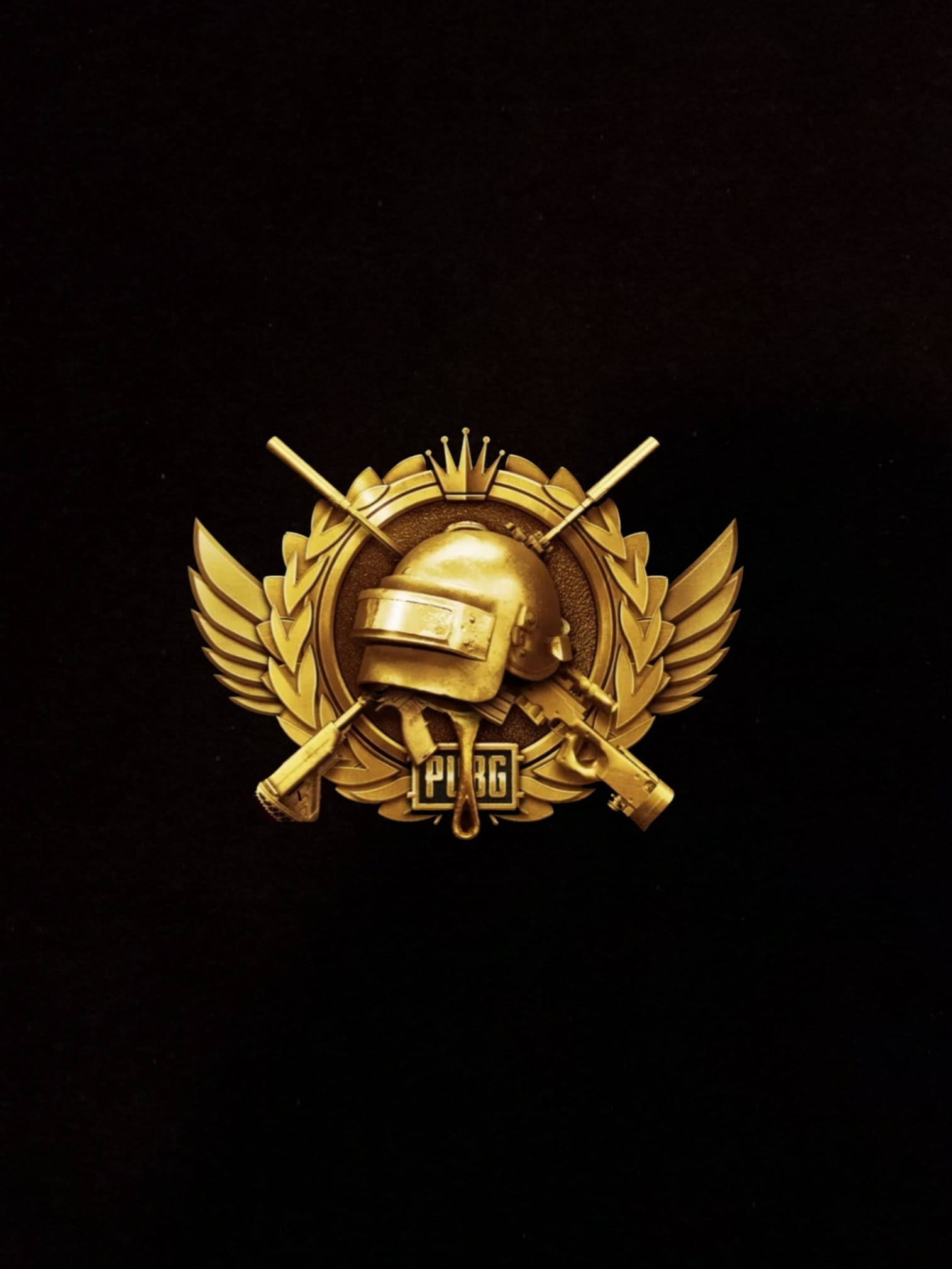 Pubg Logo 桌布 壁紙 — 金色PUBG標誌，帶有頭盔和交叉的槍支，黑色背景。