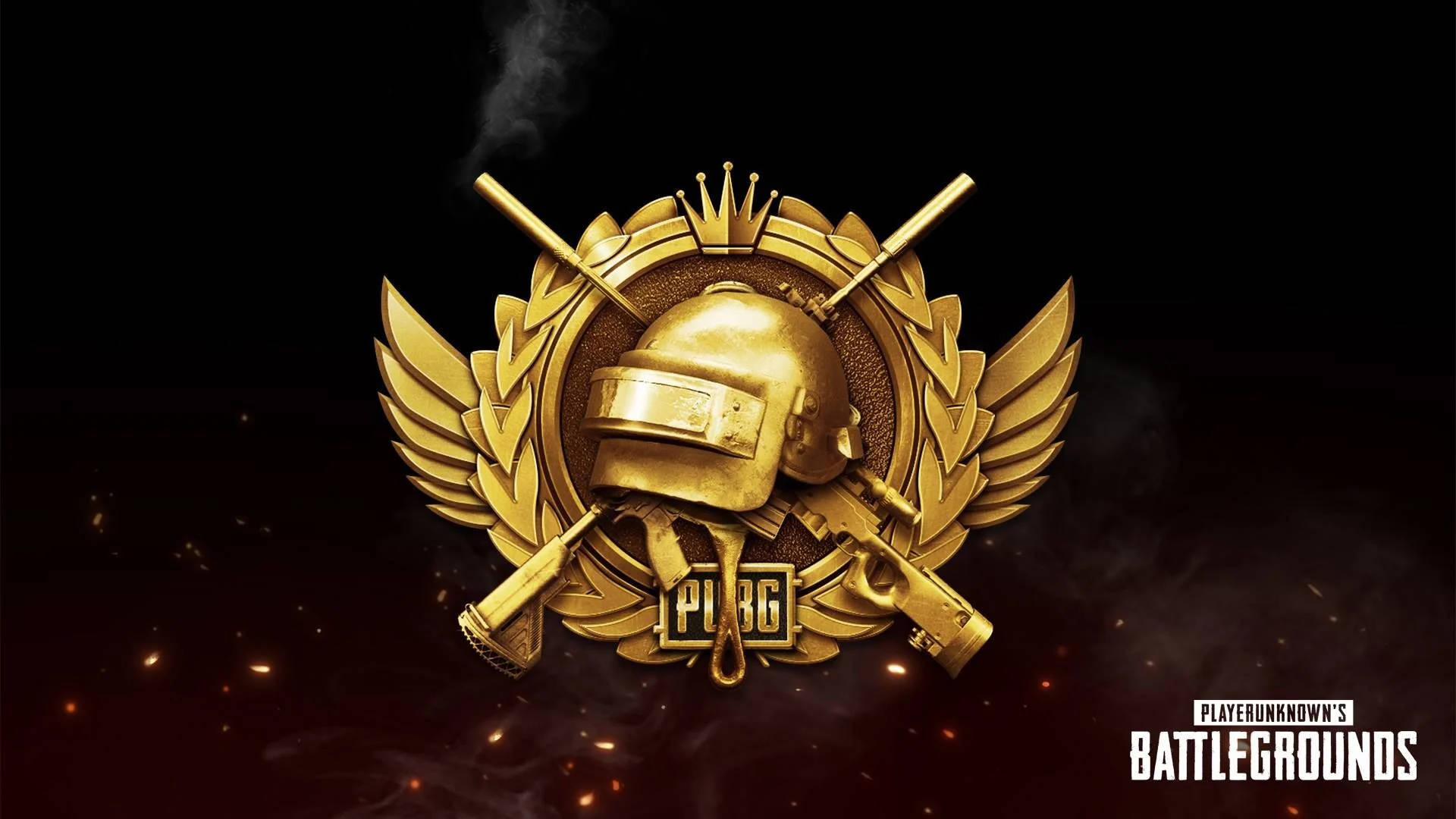 金色PUBG標誌，帶有頭盔和交叉的槍支，在黑暗煙霧背景上。