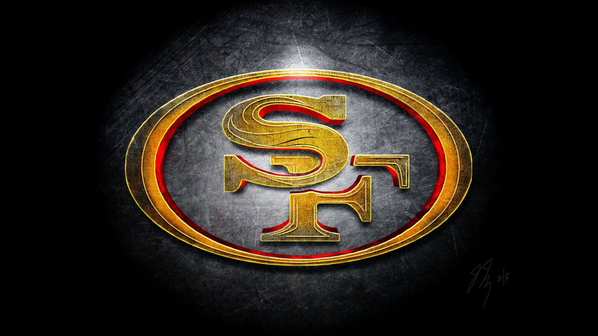 49ers 桌布 壁紙 — 金色SF標誌在聚光燈下，在紋理深色金屬上發出紅色內緣光芒。