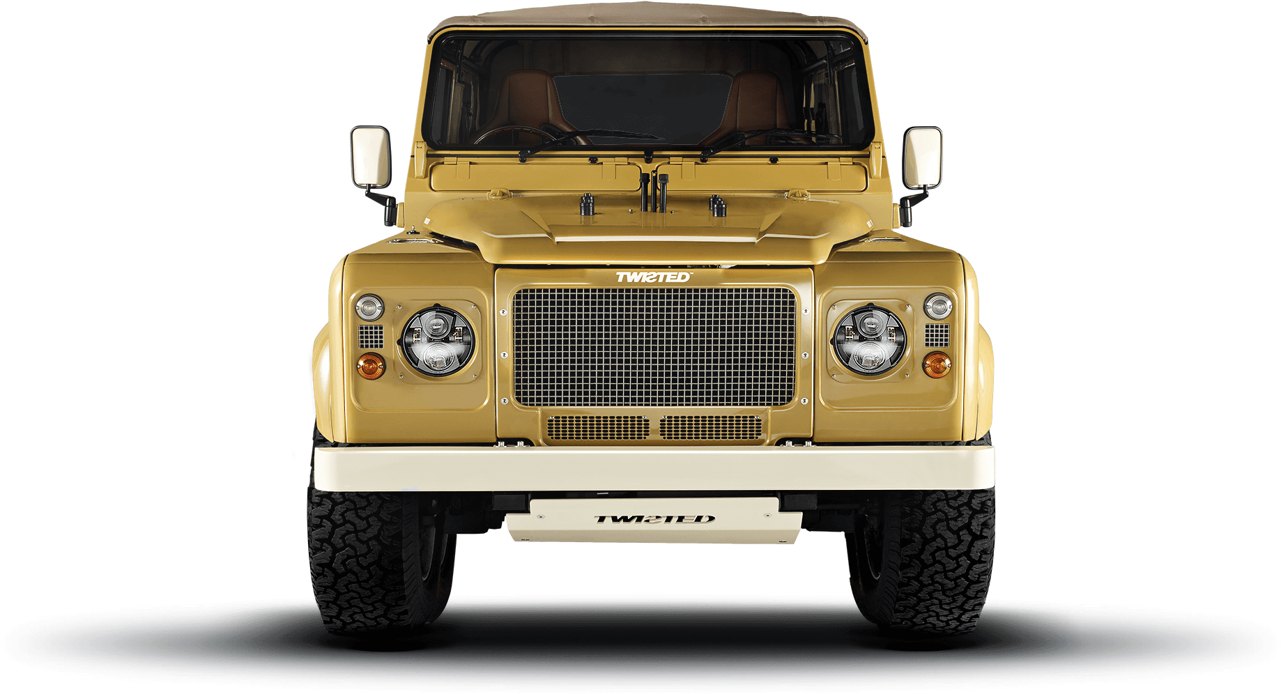 荒原路華 桌布 壁紙 — 金色Twisted Land Rover Defender在黑暗工作室平台上以戲劇性燈光呈現的前視圖。