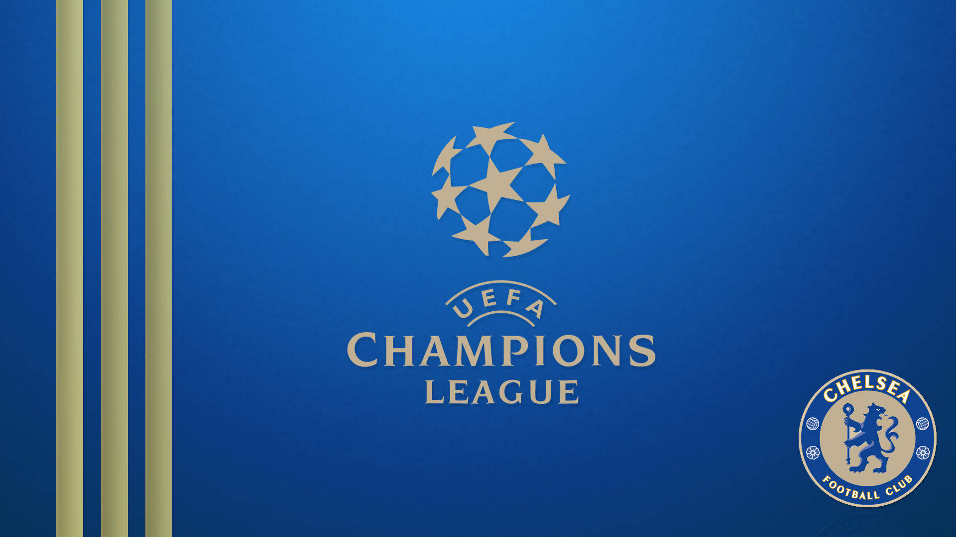 Uefa 桌布 壁紙 — 金色UEFA歐冠標誌配藍色背景、切爾西隊徽及垂直金色條紋。