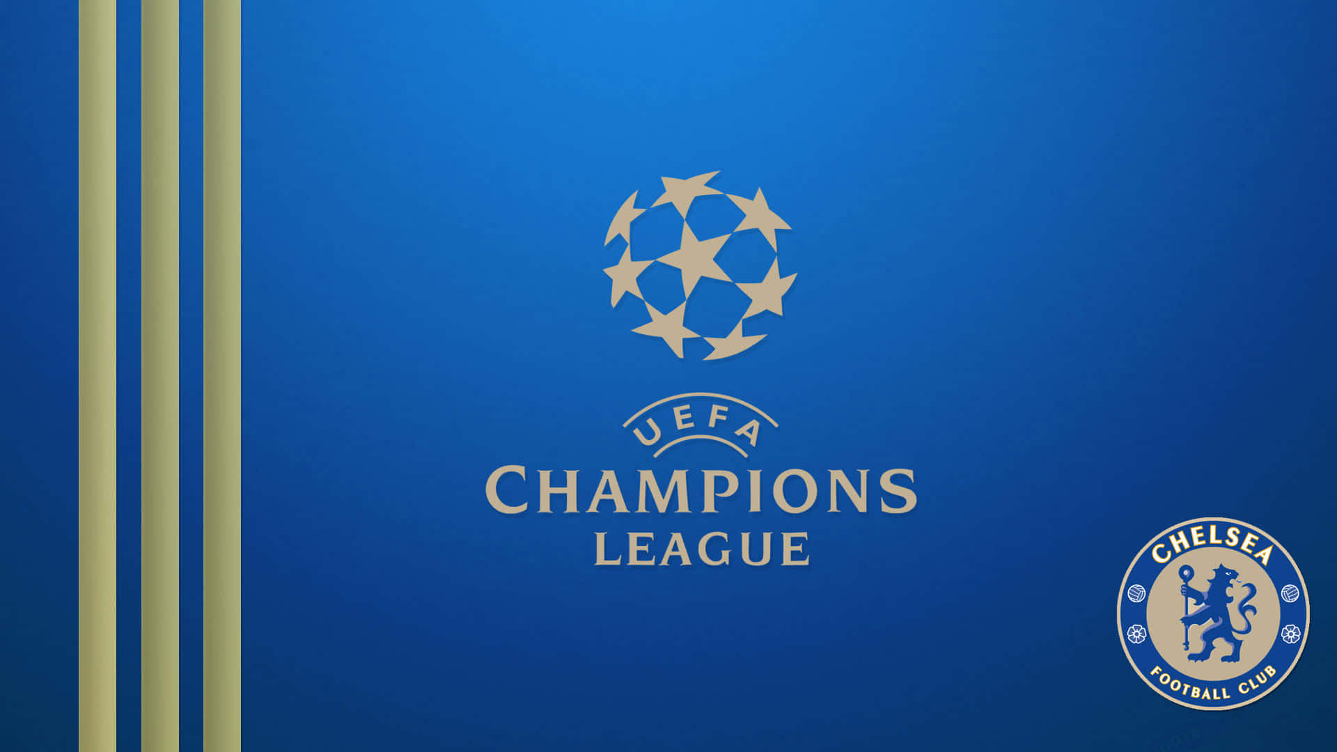 切爾西 桌布 壁紙 — 金色UEFA歐冠標誌配藍色背景，切爾西隊徽及垂直金色條紋。