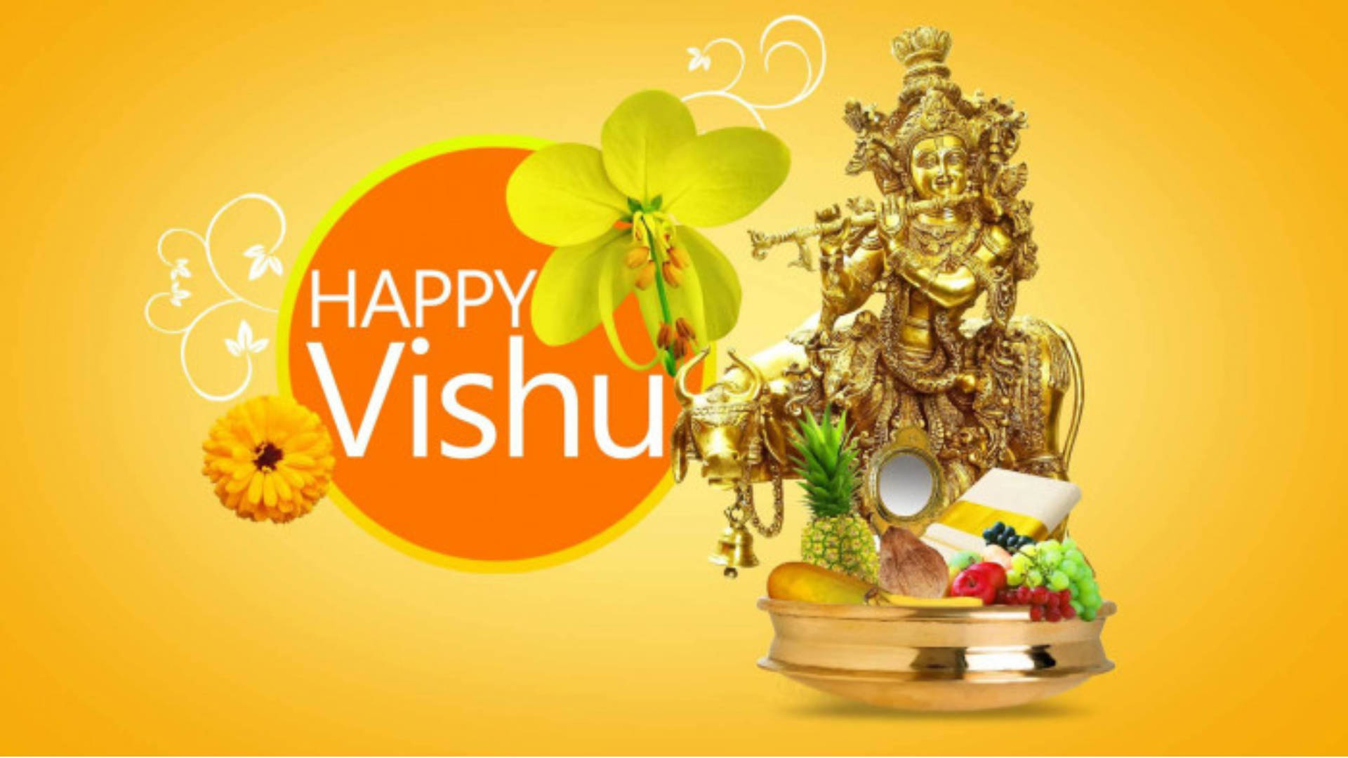 Happy Vishu 桌布 壁紙 — 金色Vishu Kozhikalam展示，包含神像、水果和鮮花，以溫暖的黃色背景襯托。