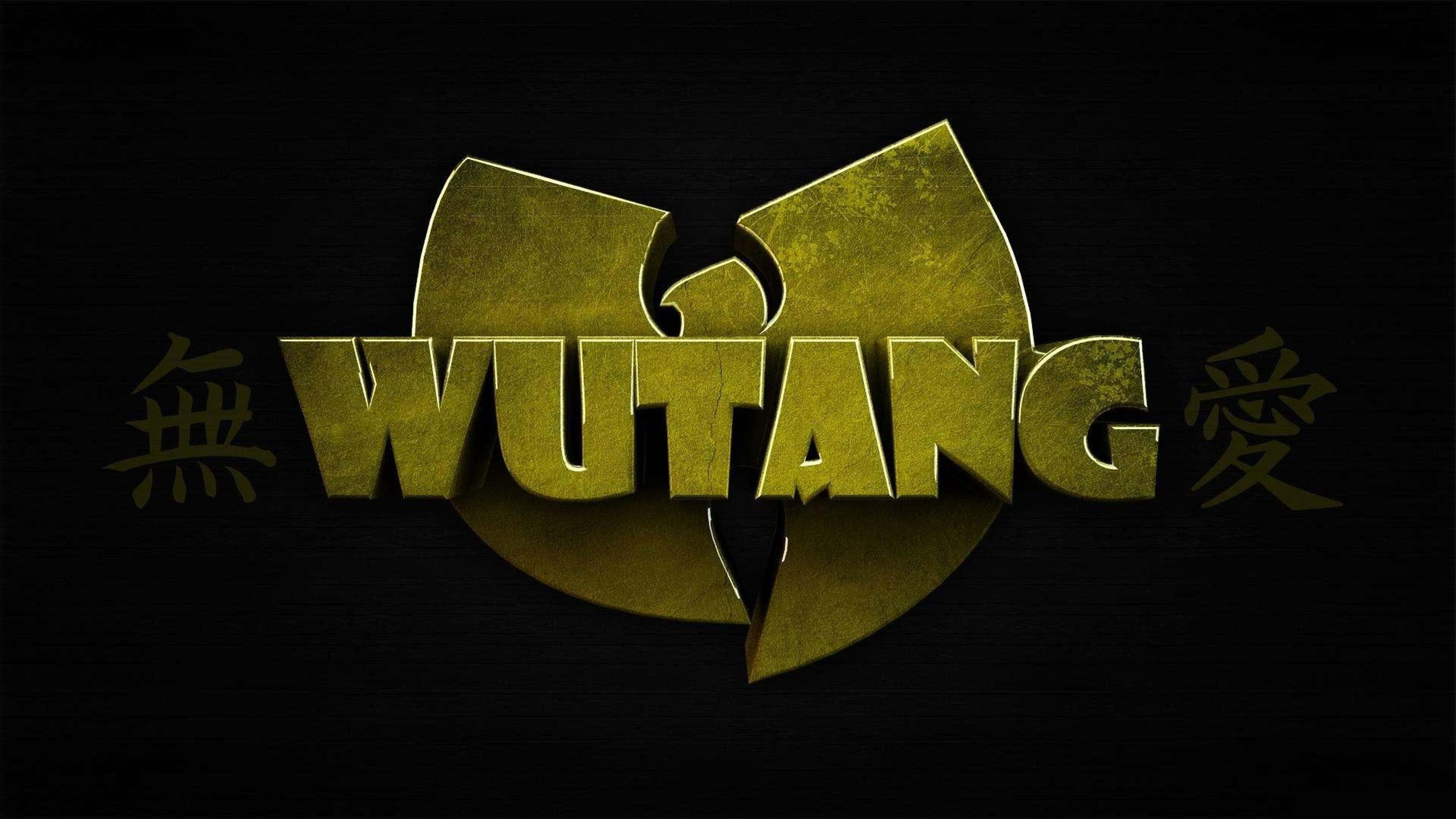 hiphop 桌布 壁紙 — 金色Wutang Clan標誌帶有中文字，在紋理黑色背景上發光。