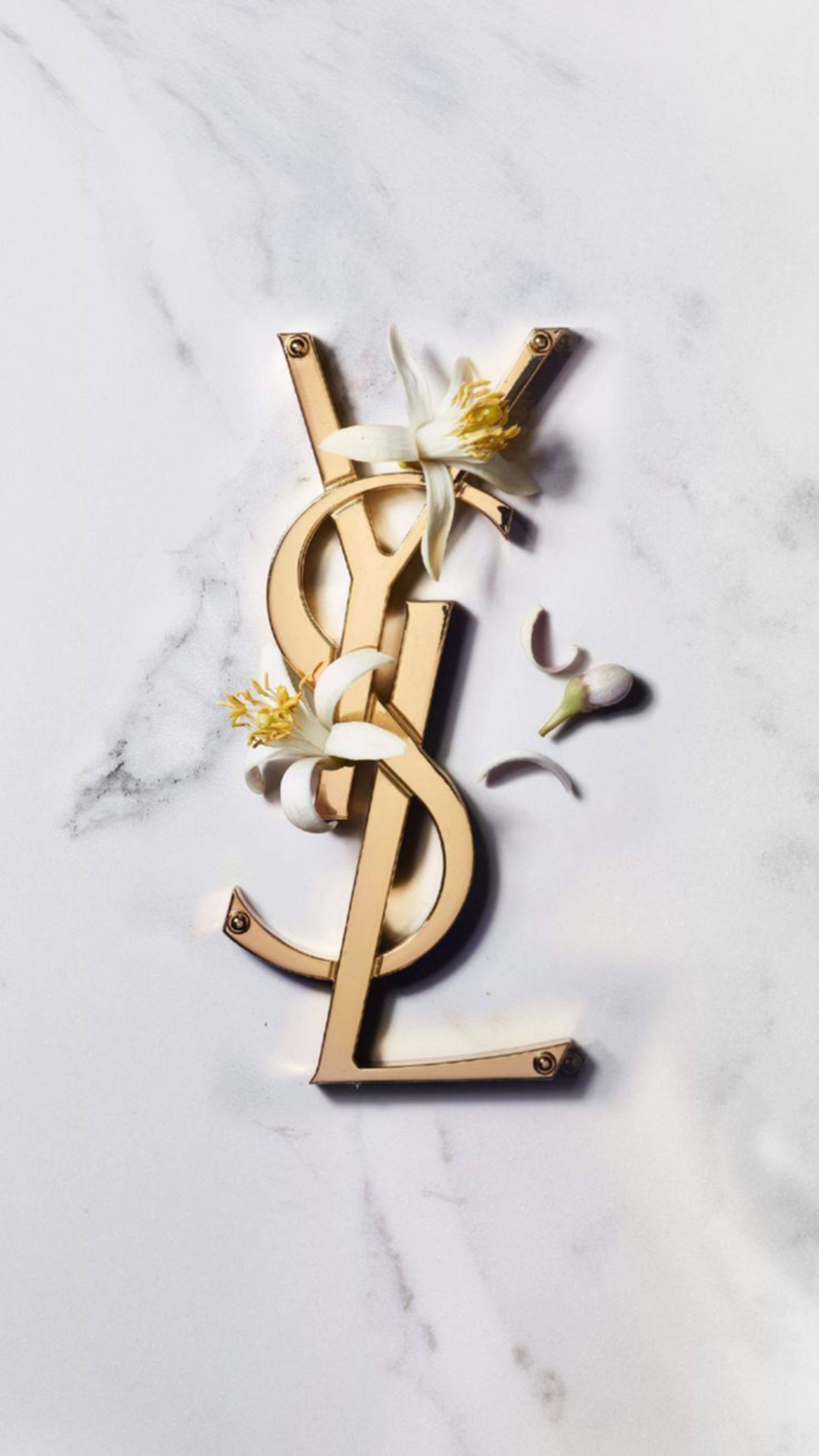 Ysl 桌布 壁紙 — 金色YSL標誌優雅地放置在白色大理石上，飾有精緻的白色花朵和散落的花瓣。
