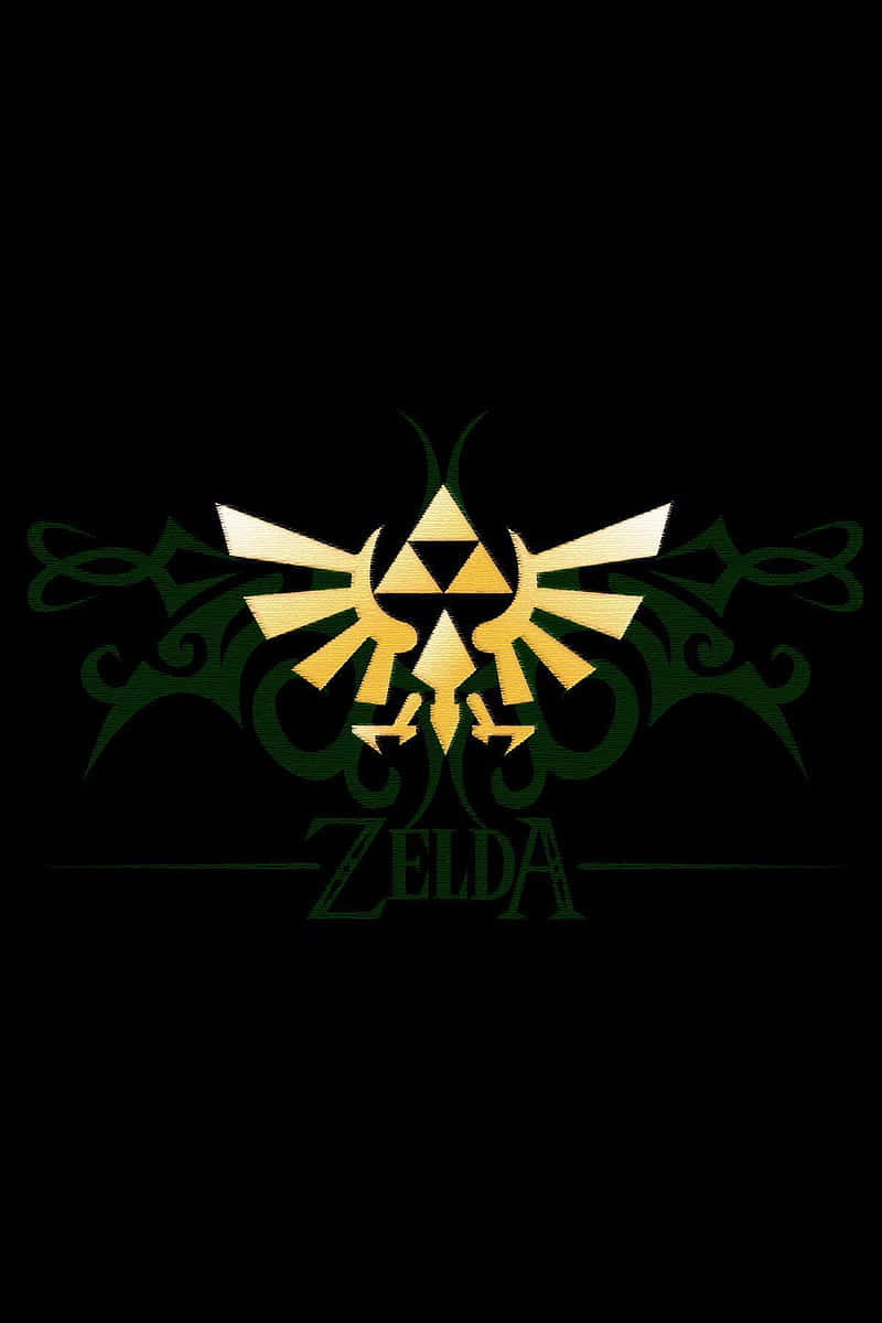 triforce 桌布 壁紙 — 金色三角力量標誌，帶有華麗的綠色裝飾，Zelda 文字居中於黑色背景上。