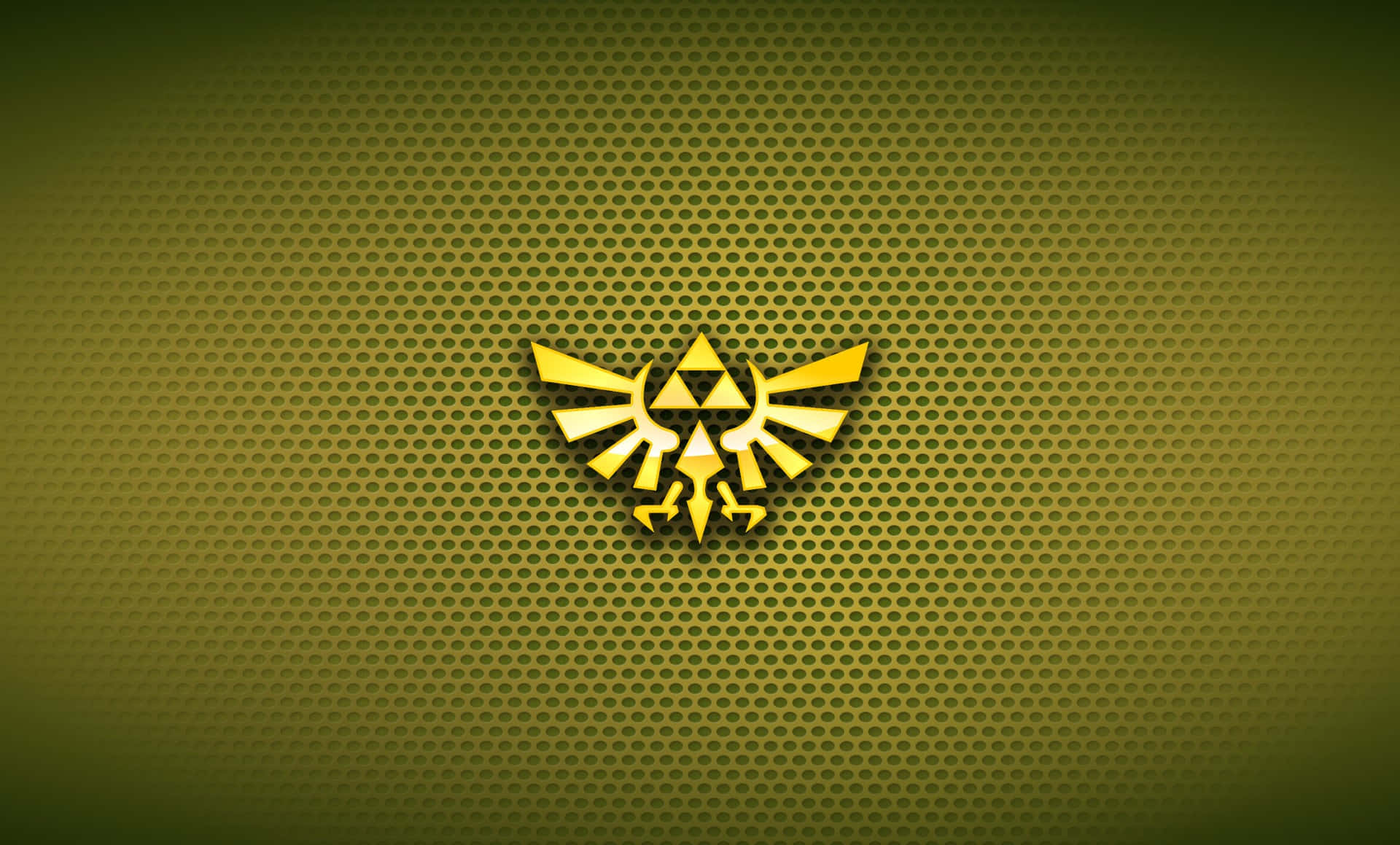 The Legend Of Zelda Hyrule 桌布 壁紙 — 金色三角力量標誌在帶有漸變照明的紋理橄欖綠穿孔背景上閃耀。
