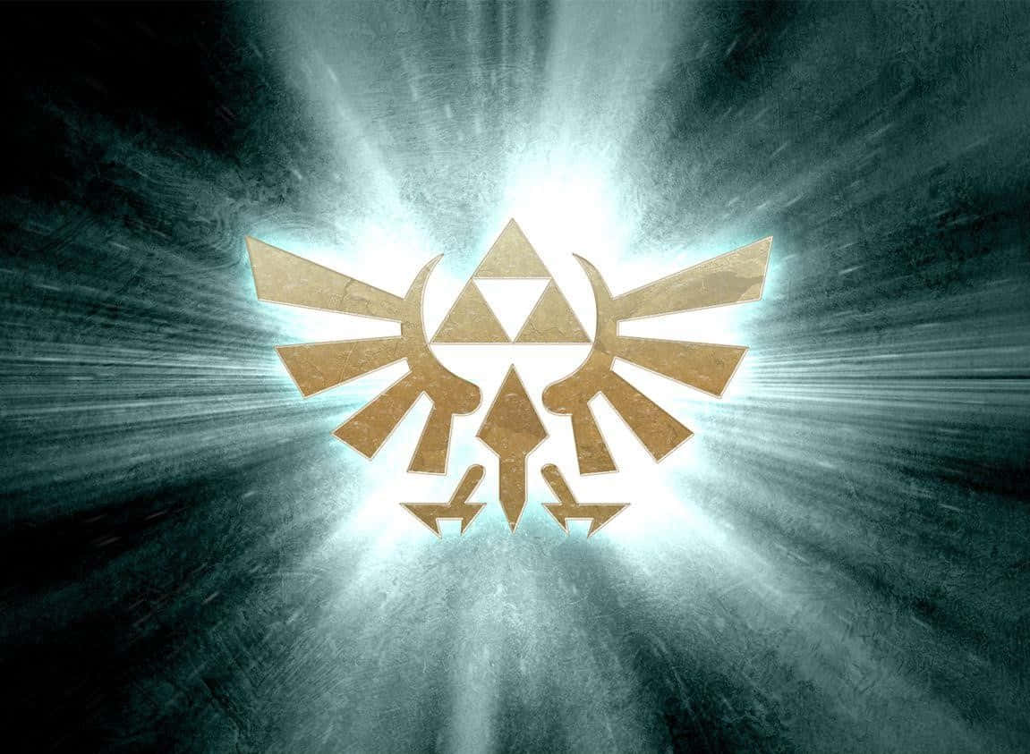The Legend Of Zelda Hyrule 桌布 壁紙 — 金色三角力量標誌在深色紋理背景上散發出明亮光芒，帶有發光射線。