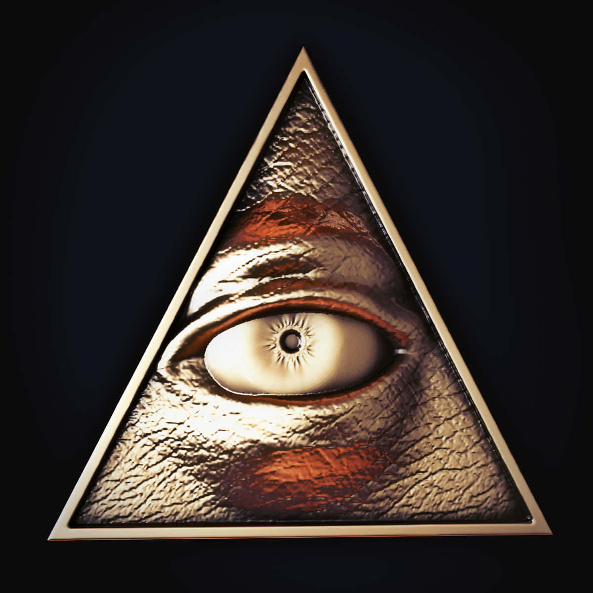 illuminati 桌布 壁紙 — 金色三角形內發光的眼睛，背景為深色，帶有紋理的金屬皮膚。