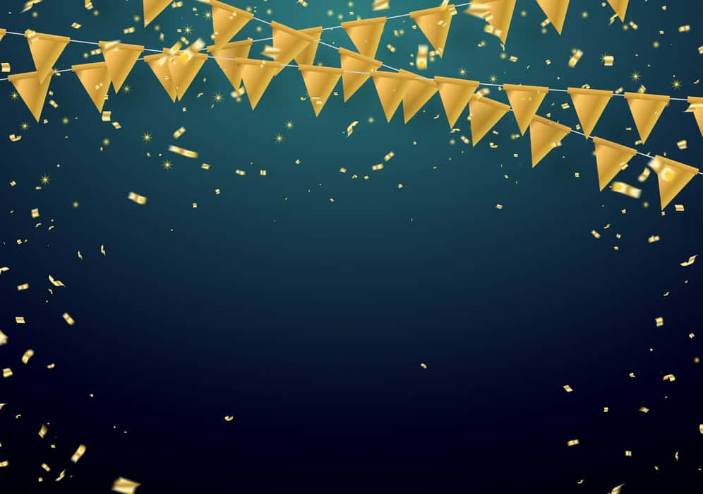 Celebration 桌布 壁紙 — 金色三角形彩旗和五彩紙屑在深藍色漸變背景上飄浮。