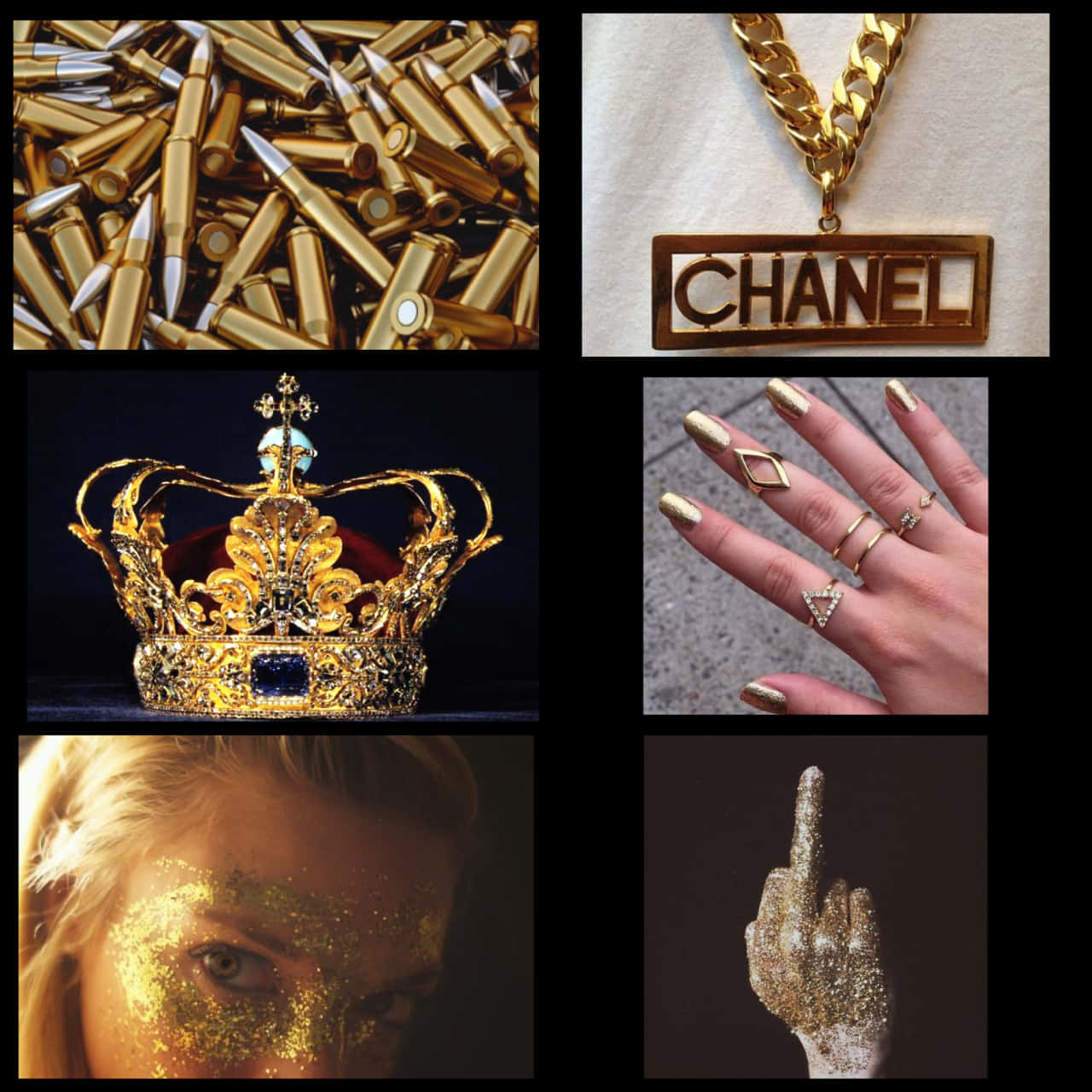 Capricorn Aesthetic 桌布 壁紙 — 金色主題奢華物品的拼貼，包括子彈、Chanel珠寶、皇冠、閃亮的手和覆蓋亮粉的臉。