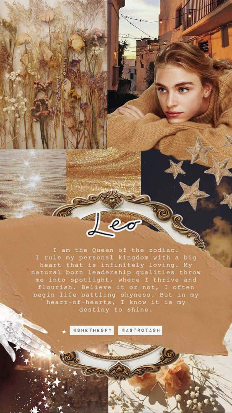 Leo Aesthetic 桌布 壁紙 — 金色乾花、海浪和穿著舒適毛衣的女性的拼貼畫，帶有獅子座文字。