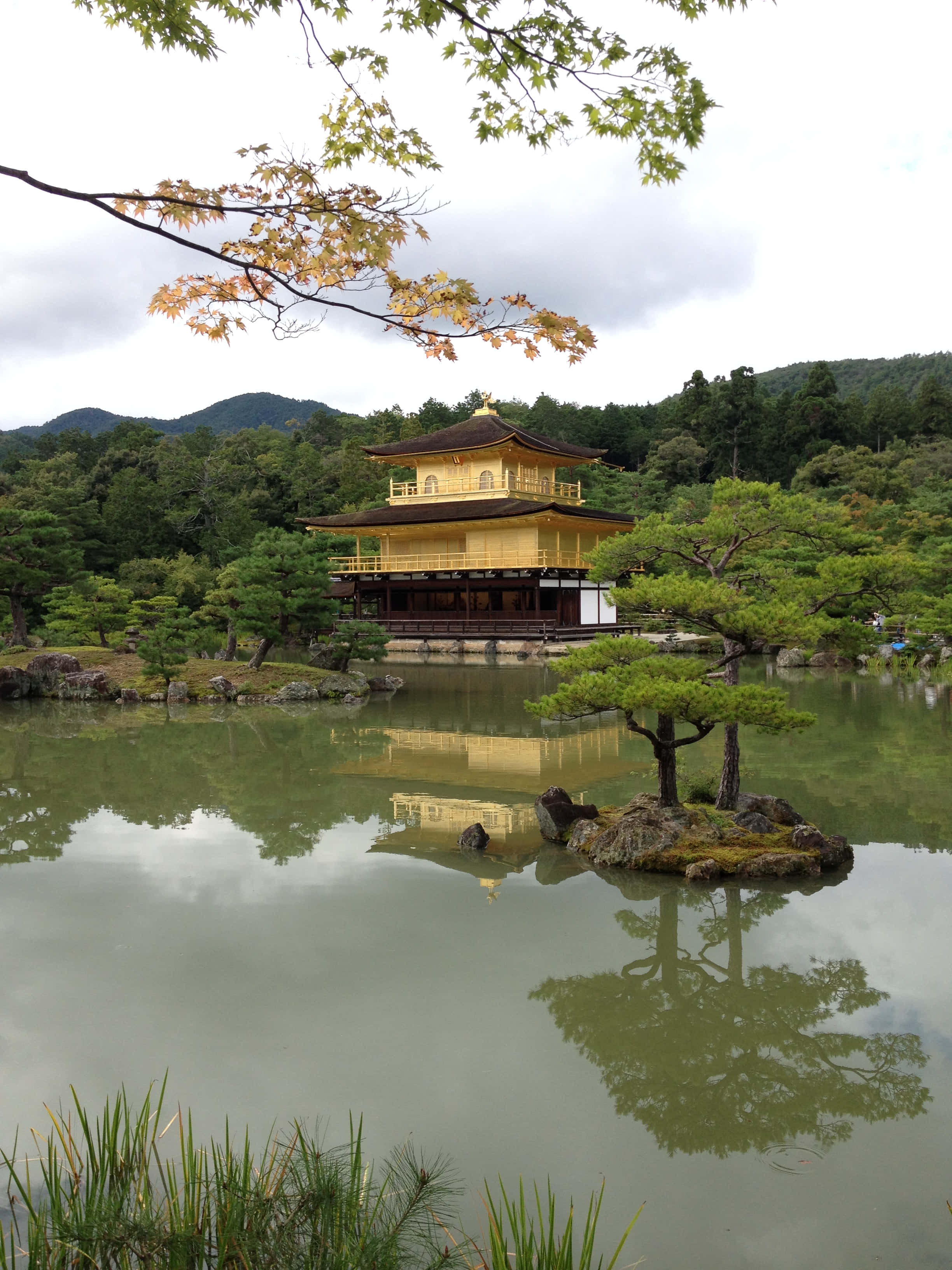 日式 桌布 壁紙 — 金色亭閣寺廟在陰天之下，倒映在由茂密綠樹和遠山環繞的寧靜池塘中。