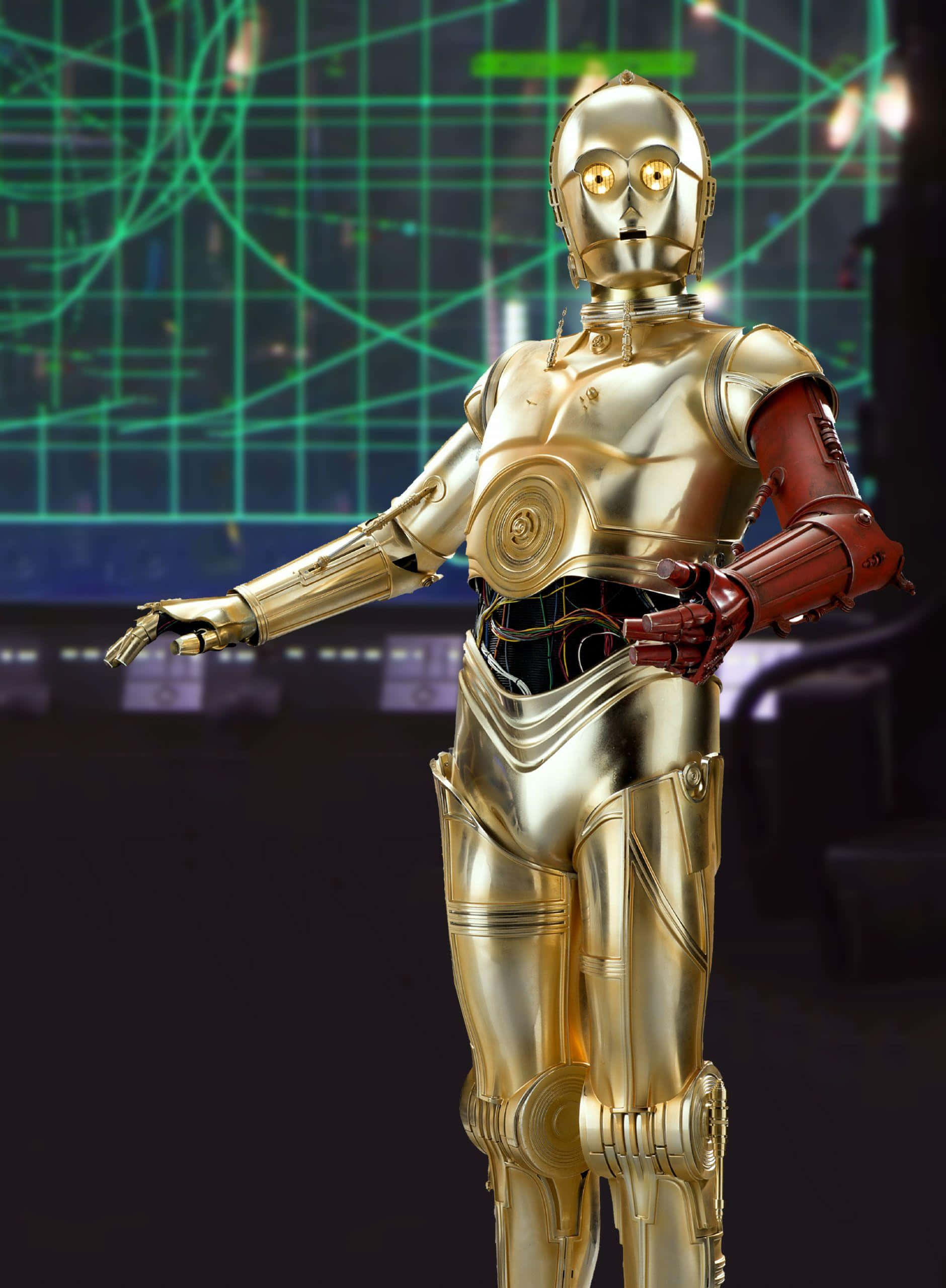 C-3po 桌布 壁紙 — 金色人形機器人C-3PO在發光的綠色網格背景前擺出姿勢，一隻手臂伸出。