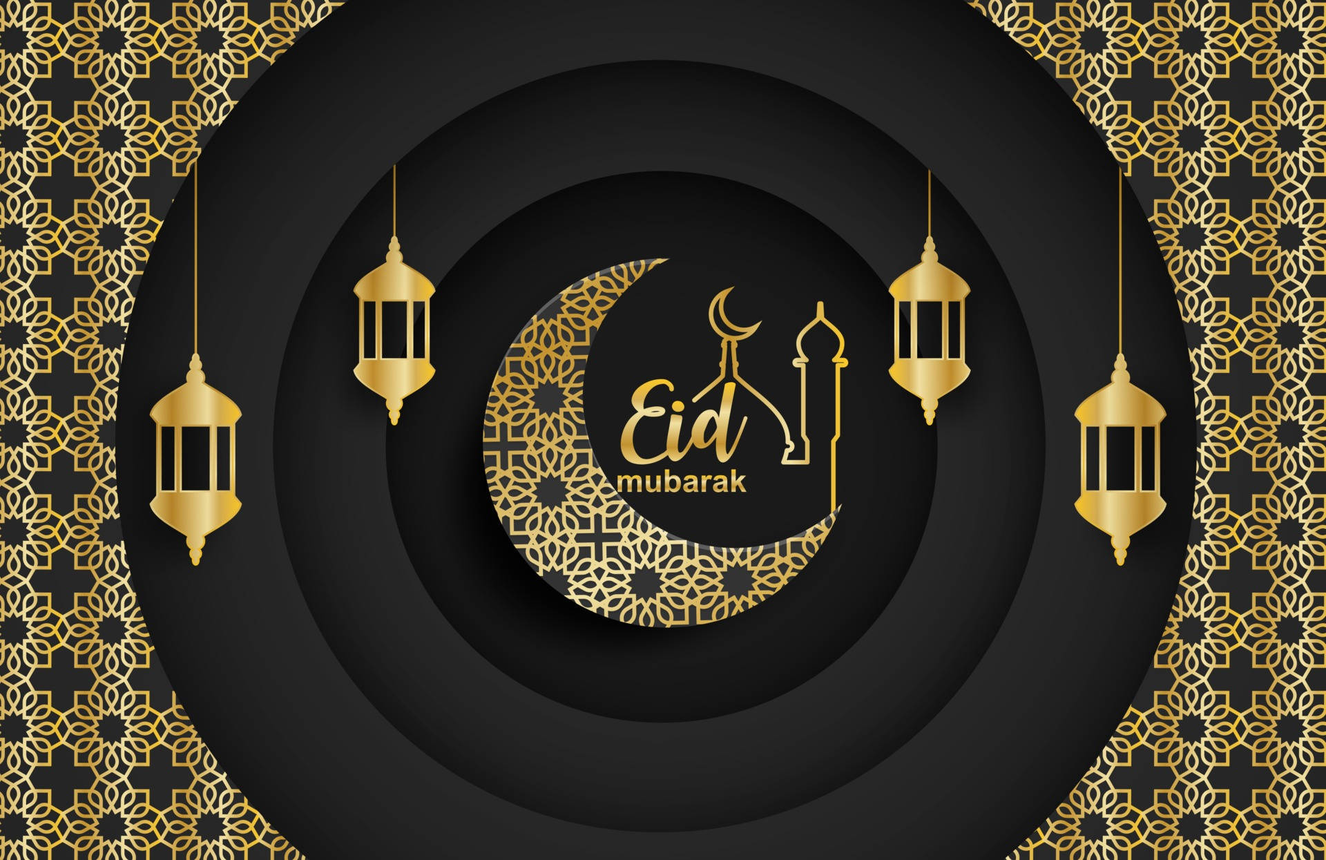 Eid Mubarak 桌布 壁紙 — 金色伊斯蘭燈籠掛在新月和清真寺剪影旁邊，位於帶有複雜金色圖案的分層黑色圓圈上。