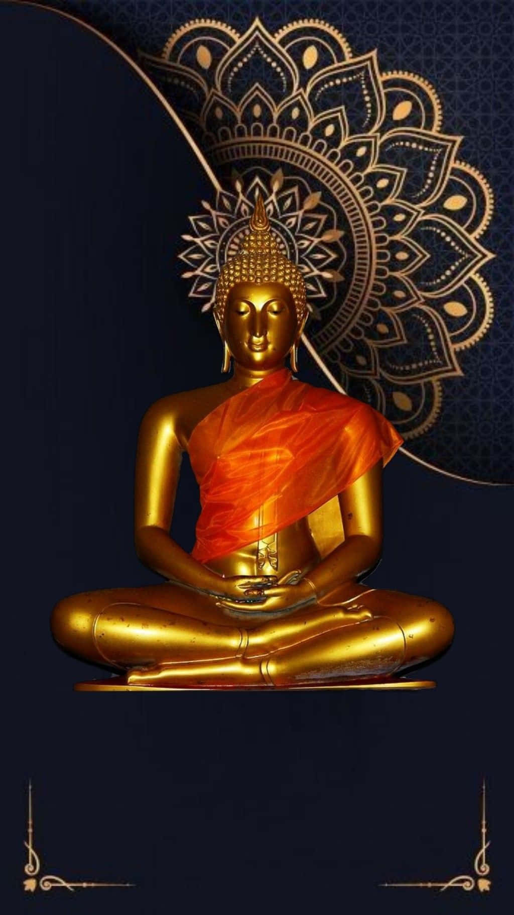 佛陀 桌布 壁紙 — 金色佛像在冥想中，披著橙色袈裟，背景為深藍色曼陀羅。