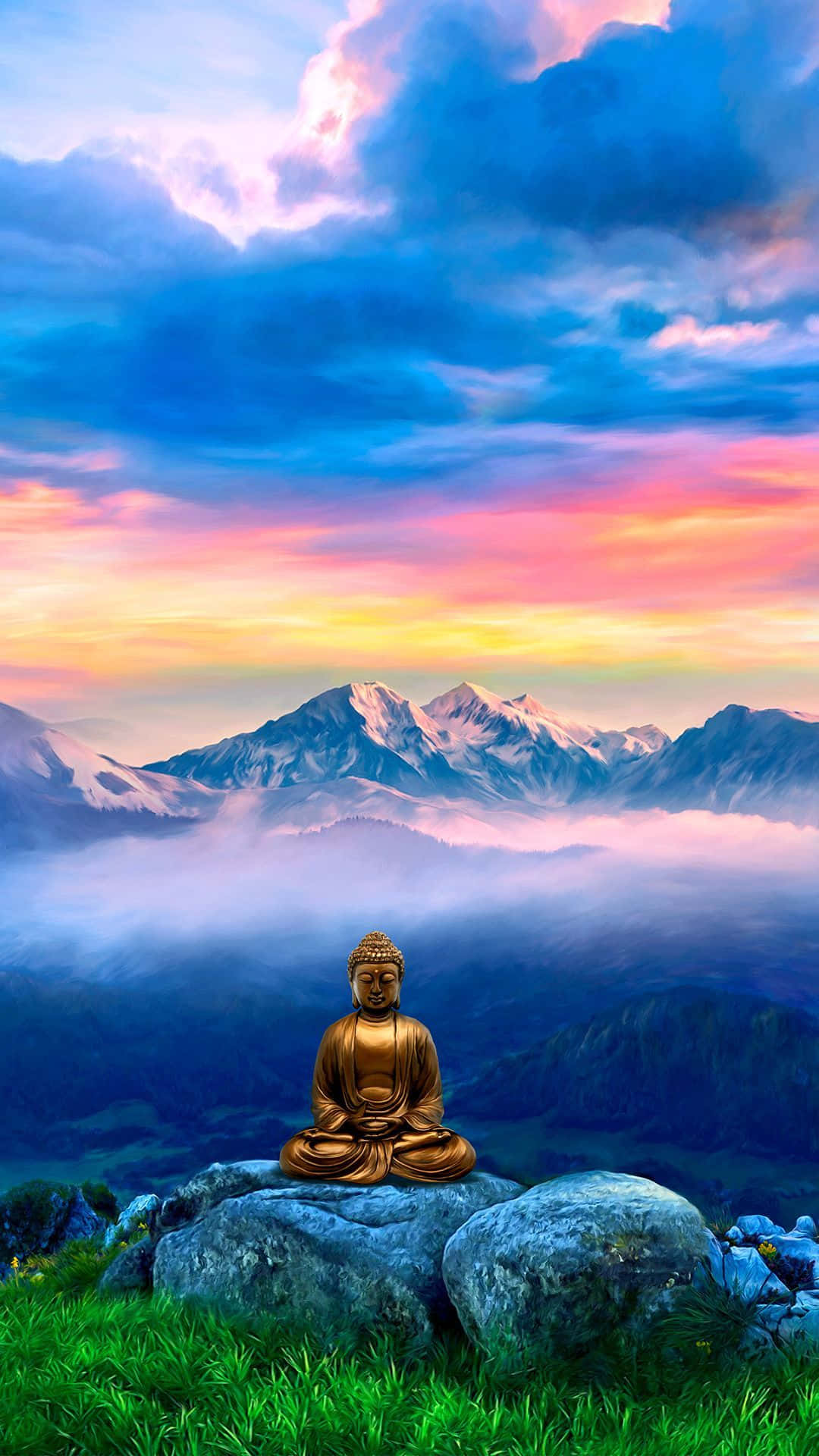 Meditation iPhone 桌布 壁紙 — 金色佛像在岩石山頂上冥想，鮮豔的夕陽為雪峰之上的天空和雲彩塗上色彩。