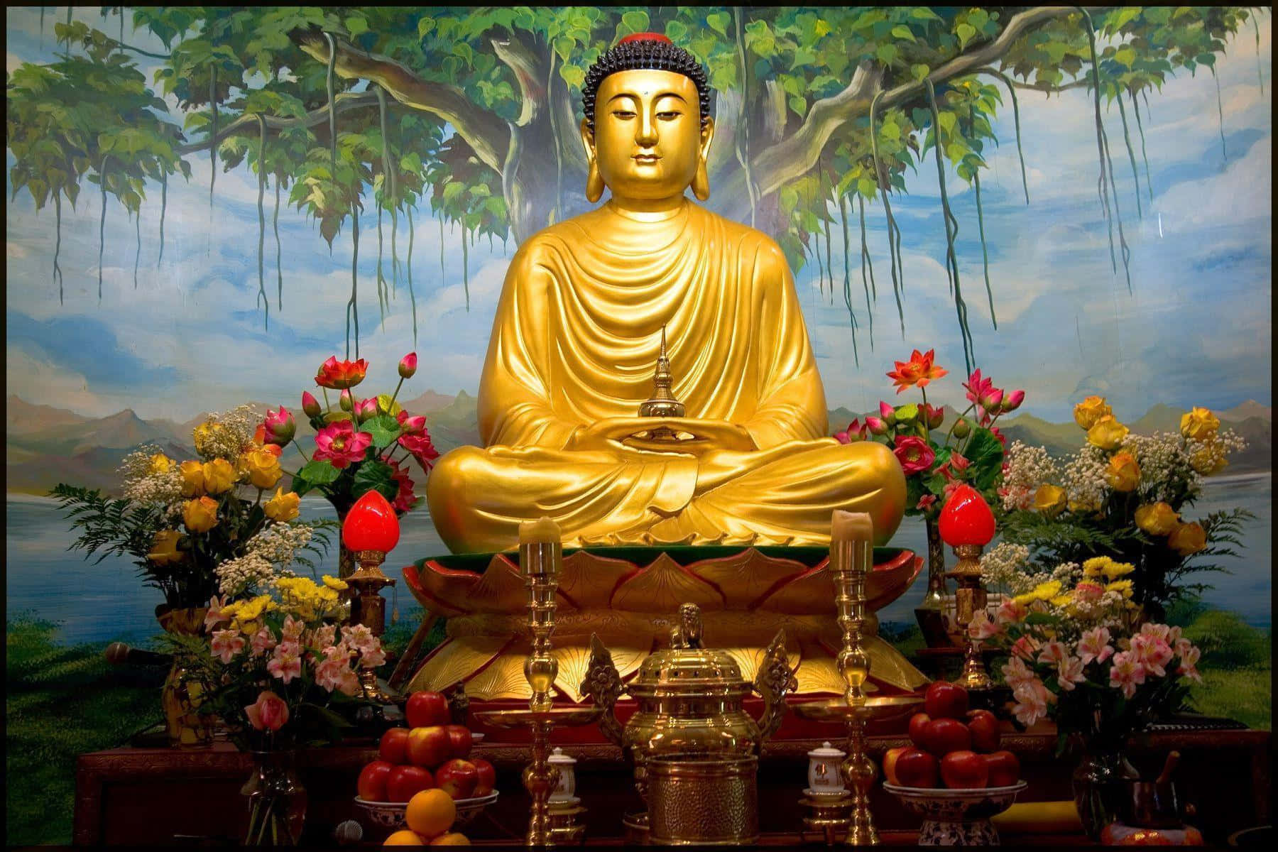 Gautama Buddha 桌布 壁紙 — 金色佛像在彩繪樹冠下靜坐，周圍環繞著鮮豔的花果供品。