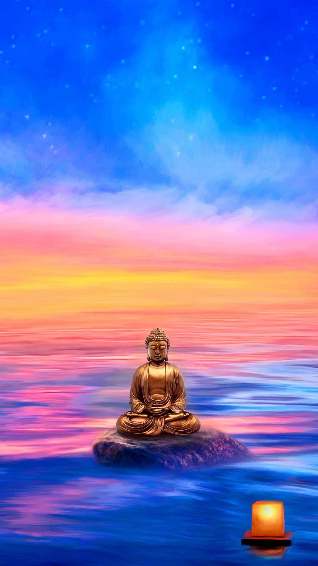 Meditation iPhone 桌布 壁紙 — 金色佛像在星空下，於充滿活力的暮色海洋中的岩石上靜謐冥想，附近有一盞發光的燈籠。