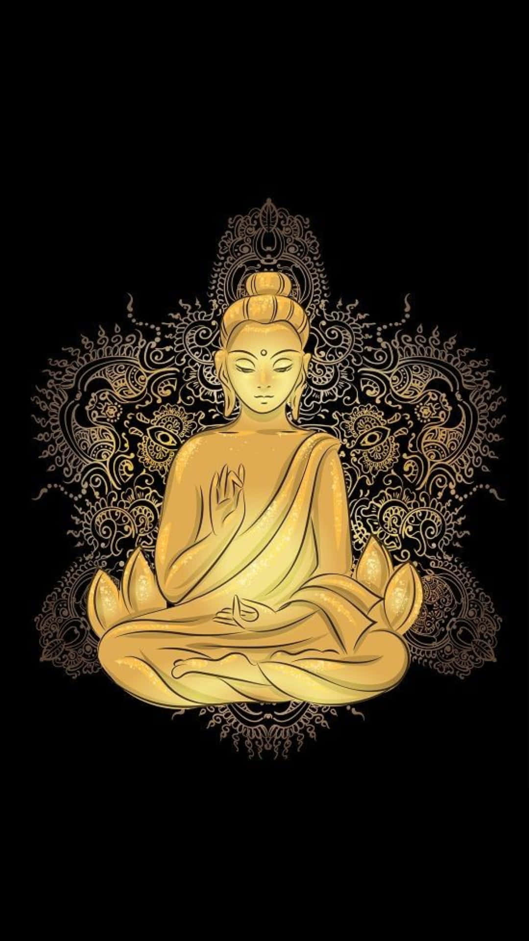 黑色 桌布 壁紙 — 金色佛像在深色背景上，以複雜的黑色曼陀羅圖案為襯托，以蓮花坐姿靜靜冥想。