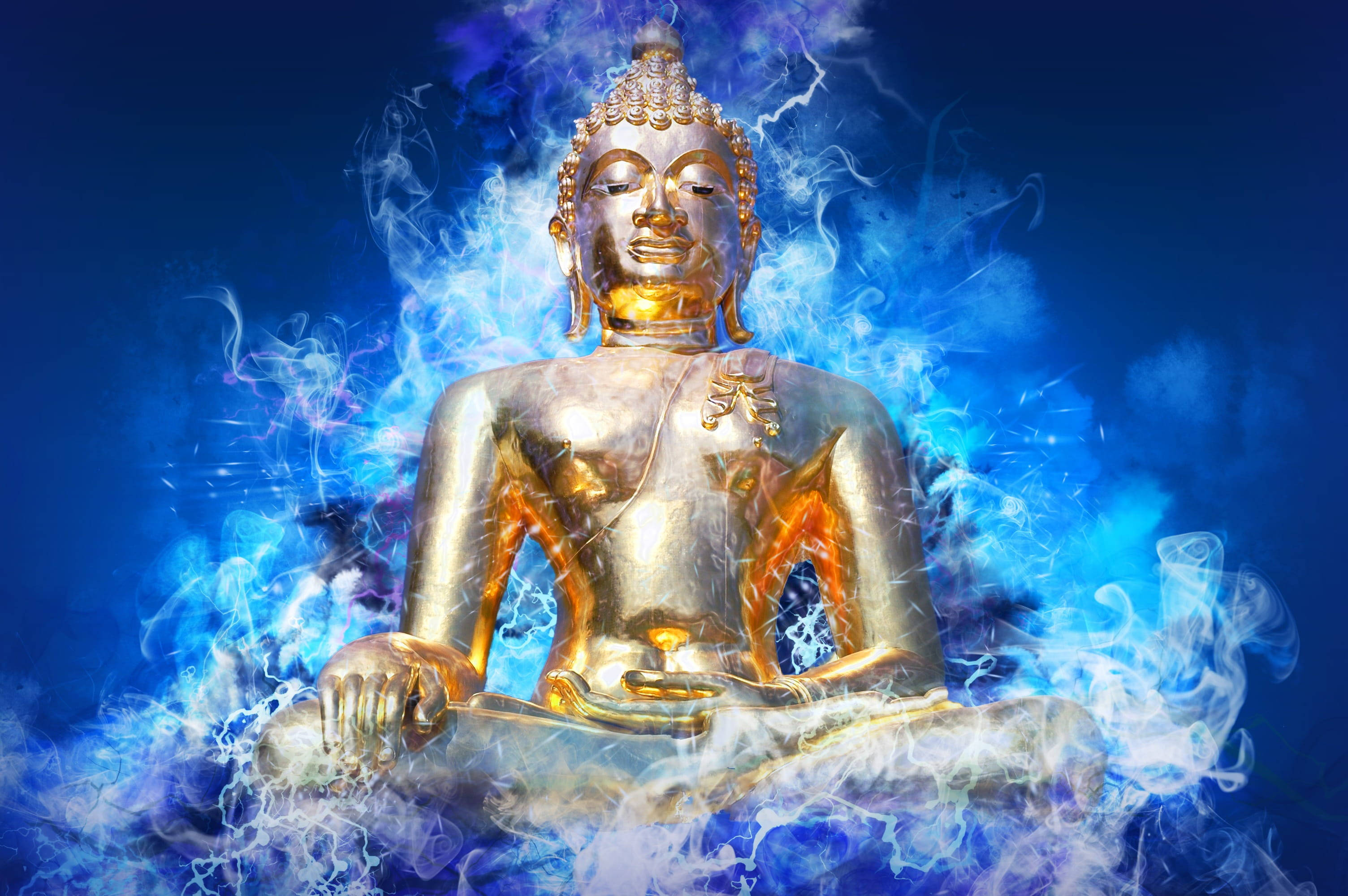 Statue Aesthetic 桌布 壁紙 — 金色佛像在深藍色背景下散發出寧靜的能量，周圍環繞著旋轉的藍色和白色神秘煙霧。