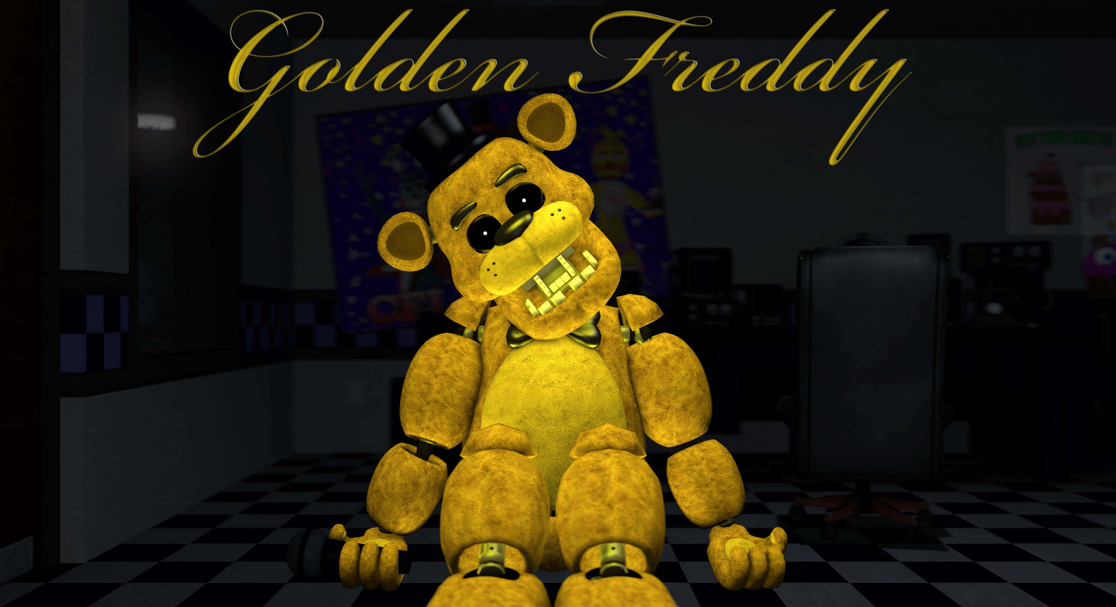 Golden Freddy 桌布 壁紙 — 金色佛萊迪坐在光線昏暗、地板呈棋盤格紋且上方有發光文字的披薩店裡，姿態帶有威脅性。