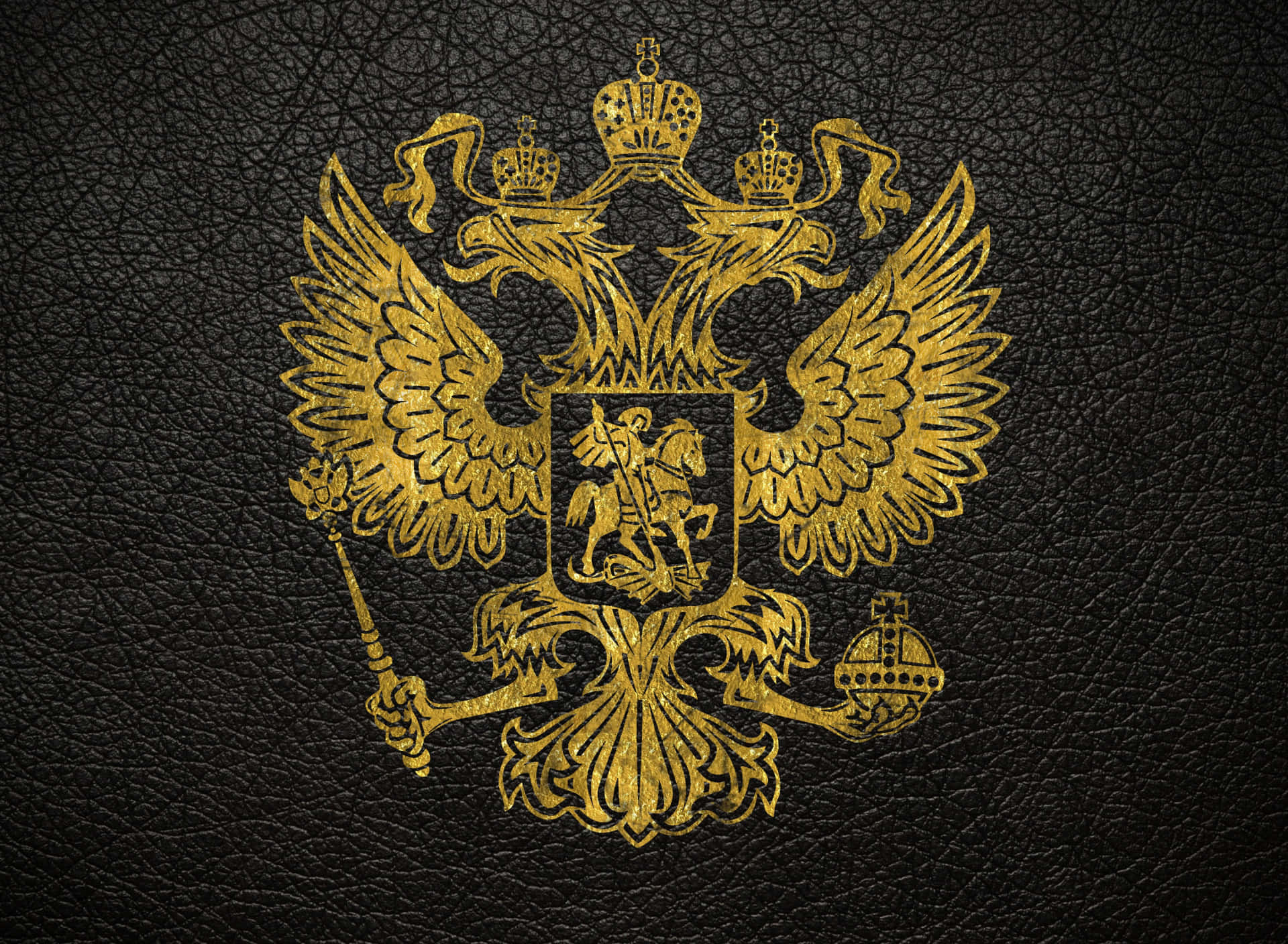 Russian 桌布 壁紙 — 金色俄羅斯雙頭鷹徽章壓印在紋理黑色皮革背景上。