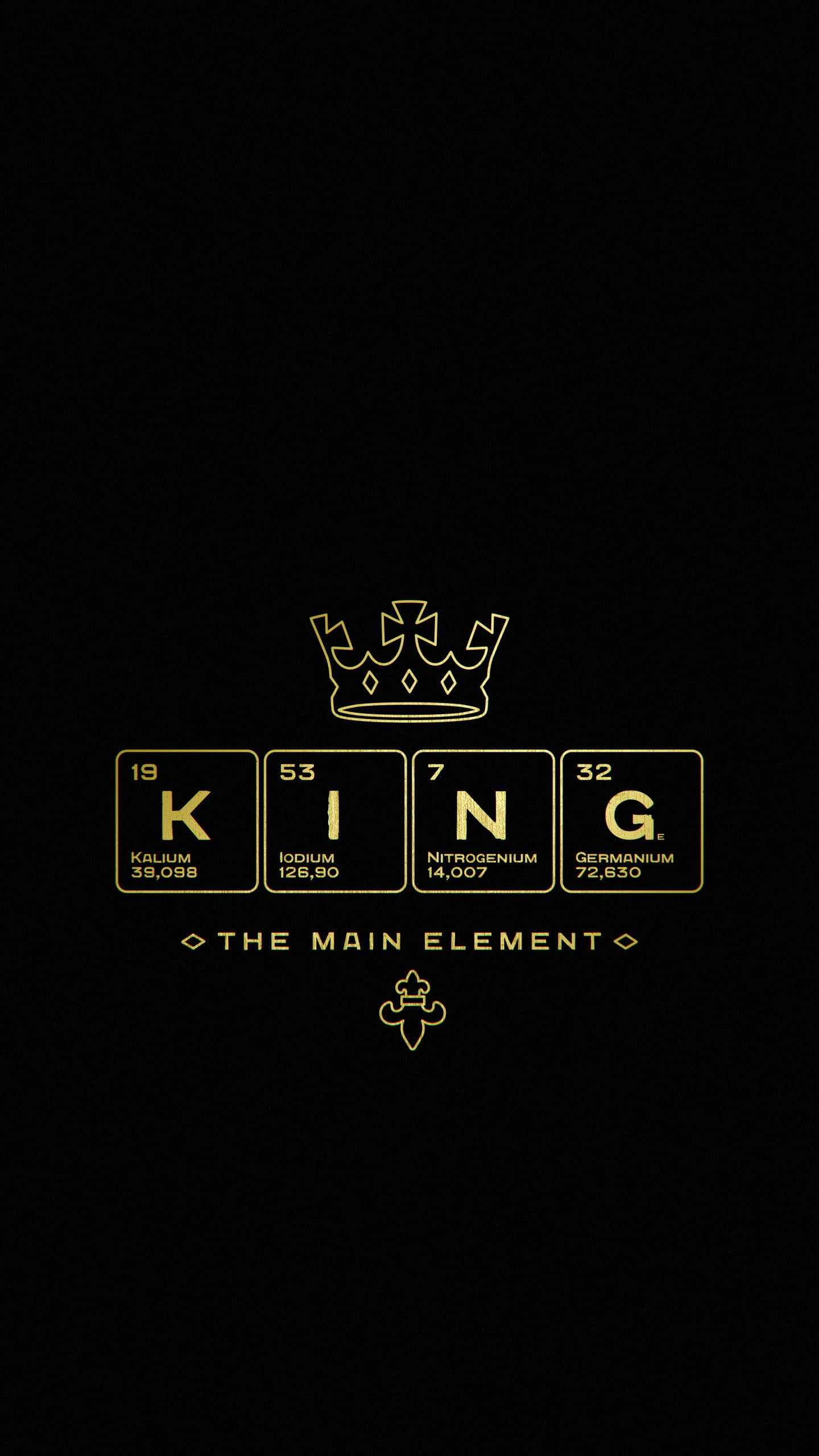 king iPhone 桌布 壁紙 — 金色元素週期表元素拼出KING，上方有皇冠，黑色背景。