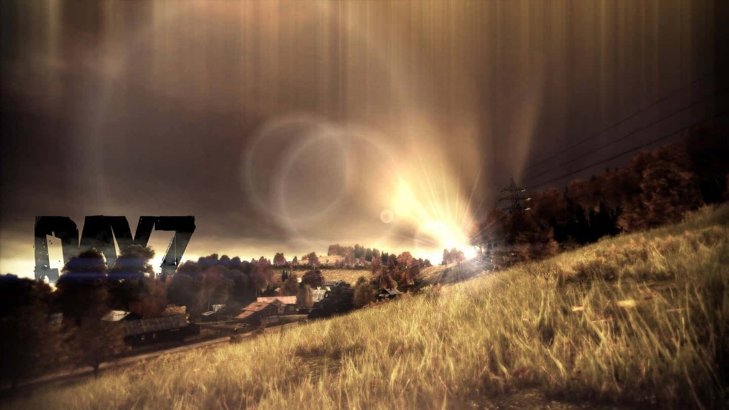 1440p Dayz 桌布 壁紙 — 金色光束穿過暴風雲，照耀在秋日山丘中的鄉村。
