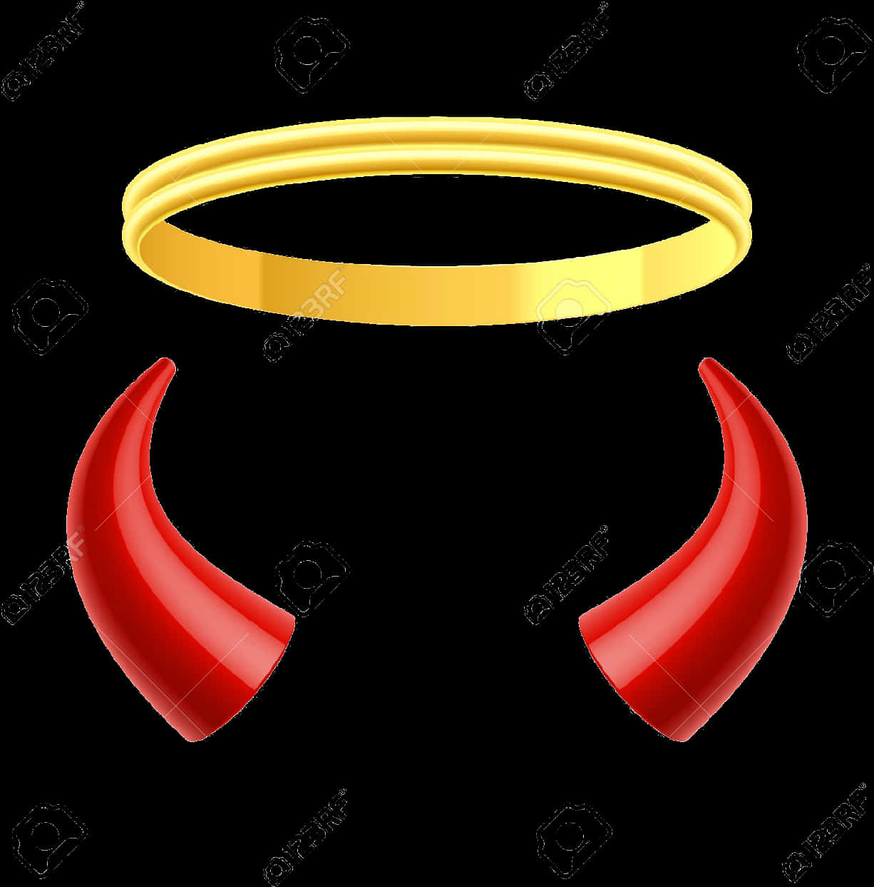 Devil Horn 桌布 壁紙 — 金色光環與紅色惡魔角在純黑背景上漂浮，形成超現實的對比。