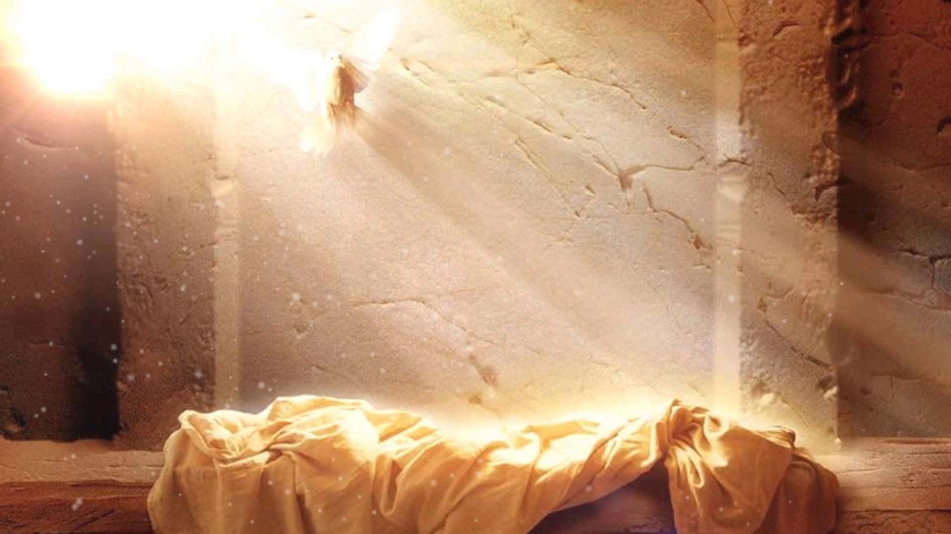 Jesus Resurrection 桌布 壁紙 — 金色光線穿過石壁龕，照亮下方懸垂的布料，空氣中漂浮著微粒。