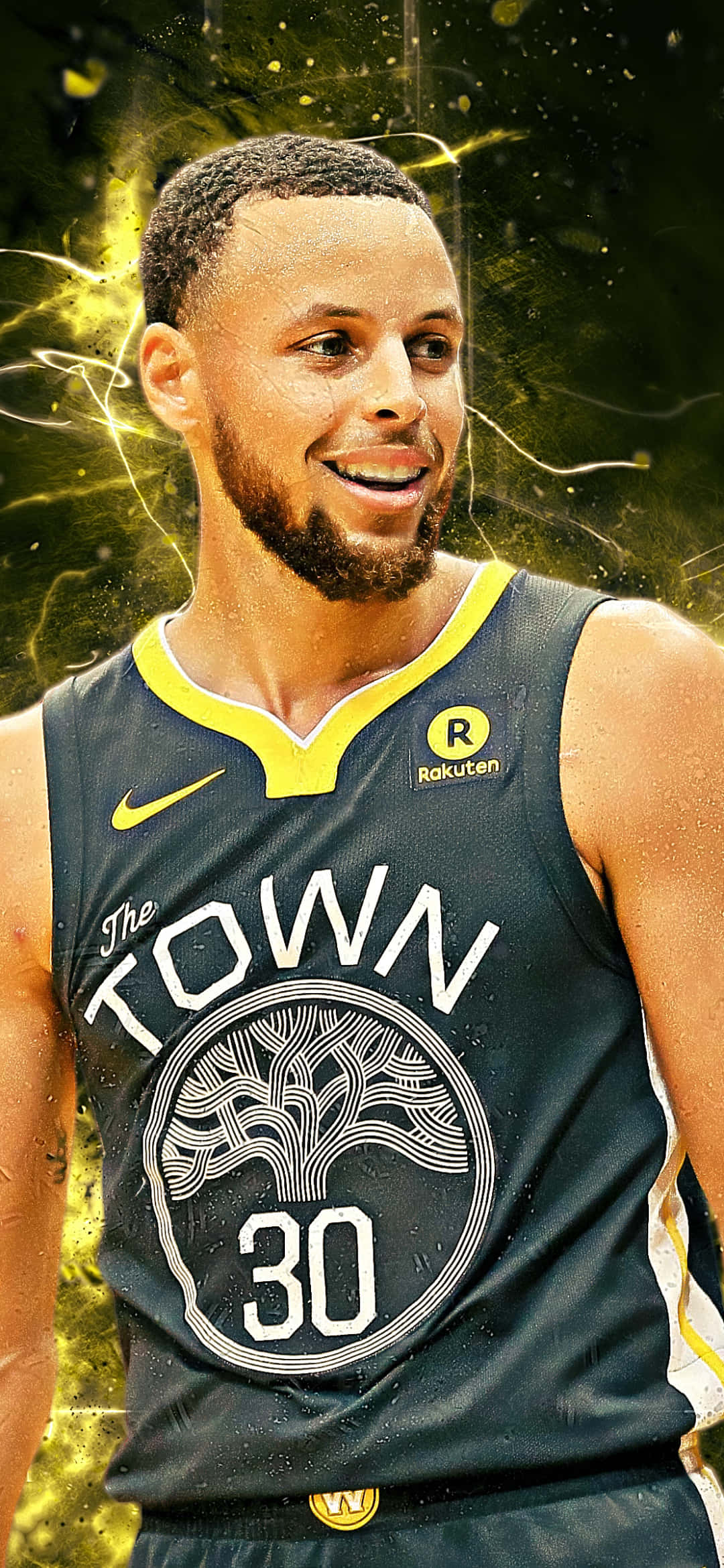 籃球 桌布 壁紙 — 金色光芒在一位身穿印有『The TOWN』和30號的深色球衣、面帶微笑的籃球運動員身後爆發。