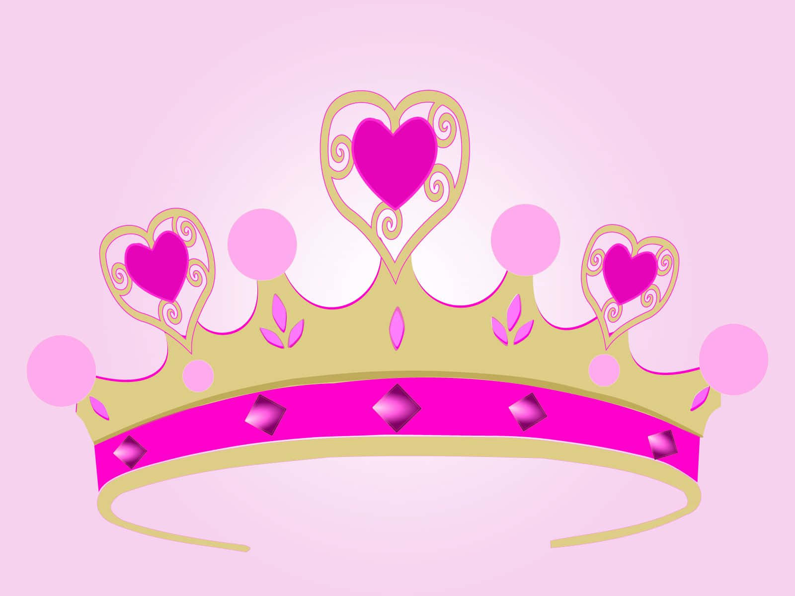 Princess Crown 桌布 壁紙 — 金色公主皇冠，飾有粉紅心形和寶石，背景為柔和粉紅色。