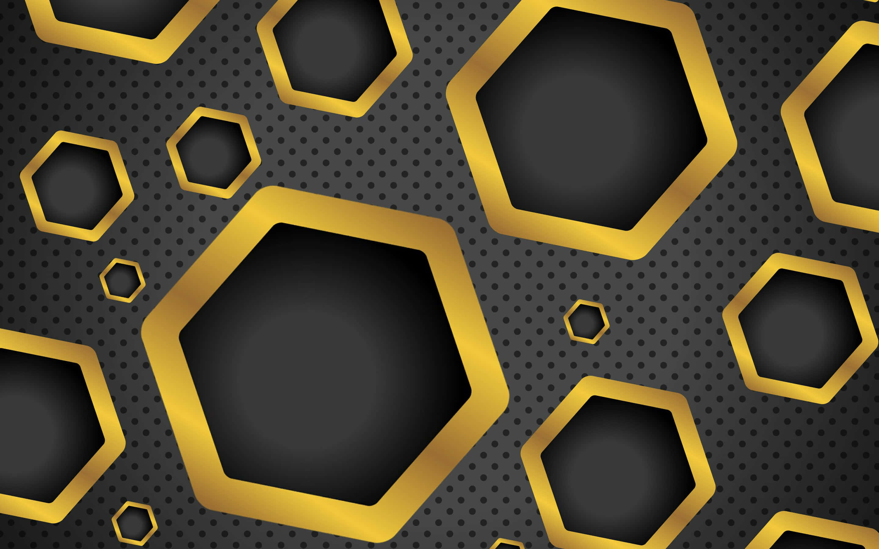 Elegant Black And Gold 桌布 壁紙 — 金色六邊形漂浮在帶有金屬光澤和深度的暗色穿孔背景上。