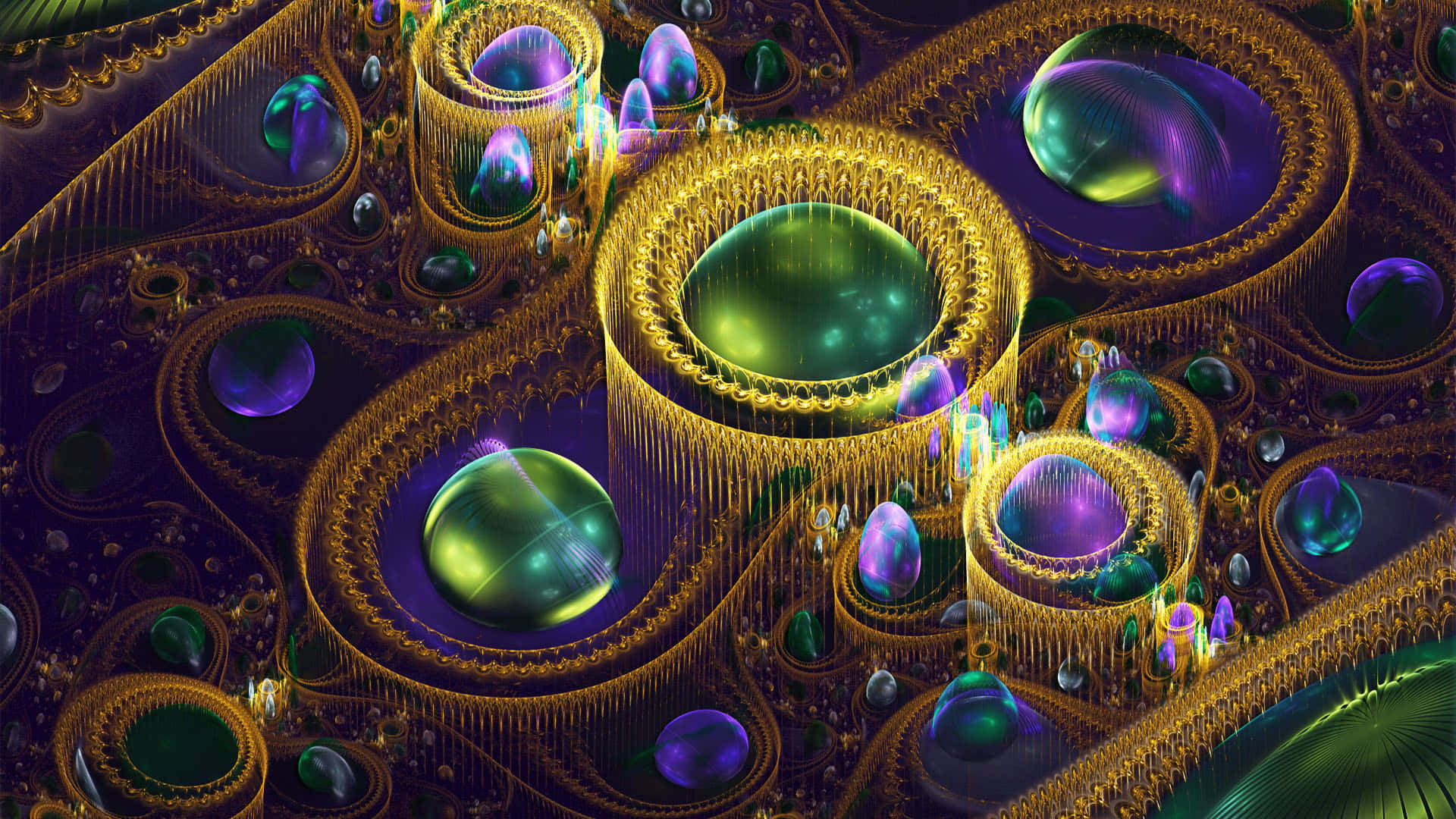 3d Abstract 桌布 壁紙 — 金色分形環在黑暗的宇宙背景下搖曳著發光的綠色和紫色球體。