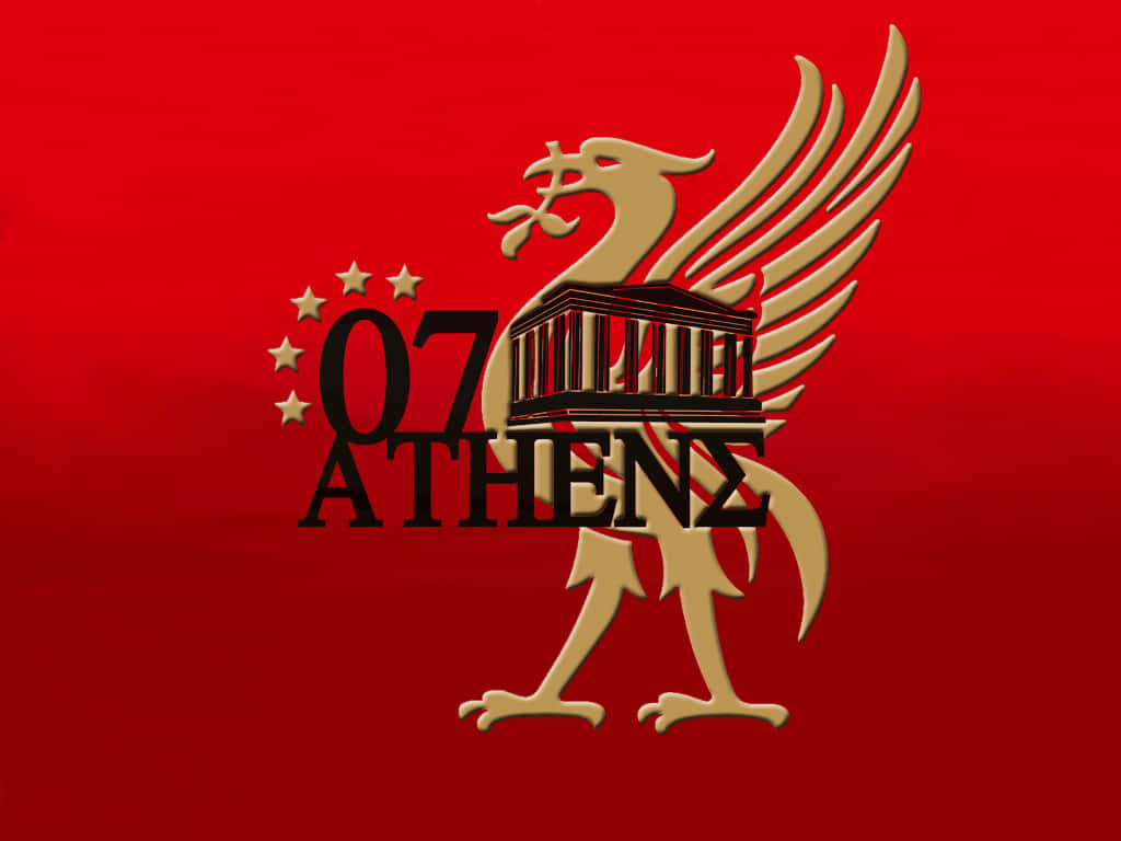 Liverpool Fc Desktop 桌布 壁紙 — 金色利物浦鳥標誌，帶有 '07 ATHENS' 和星星，背景為鮮紅色。